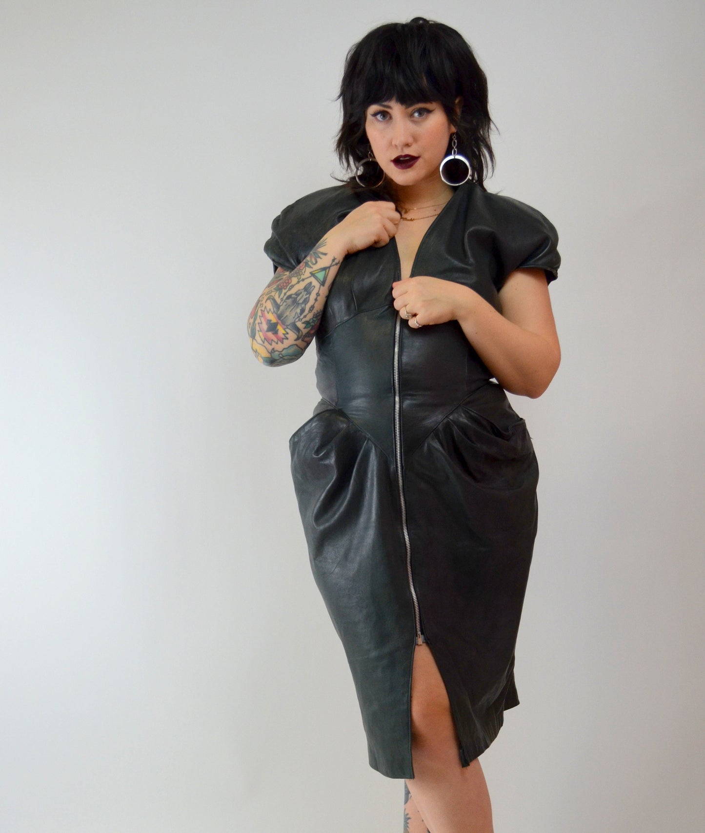 1980s LEATHER Wiggle Dress Vintage Black 80s Fitted Dress - MEDIUM