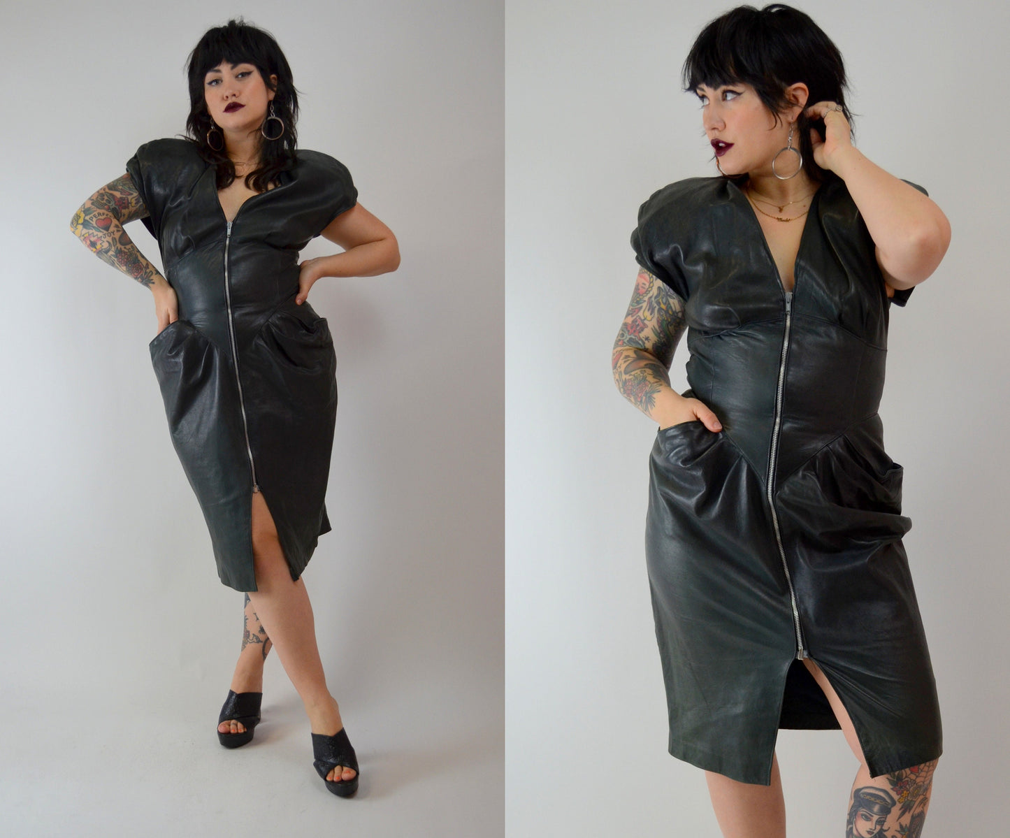 1980s LEATHER Wiggle Dress Vintage Black 80s Fitted Dress - MEDIUM