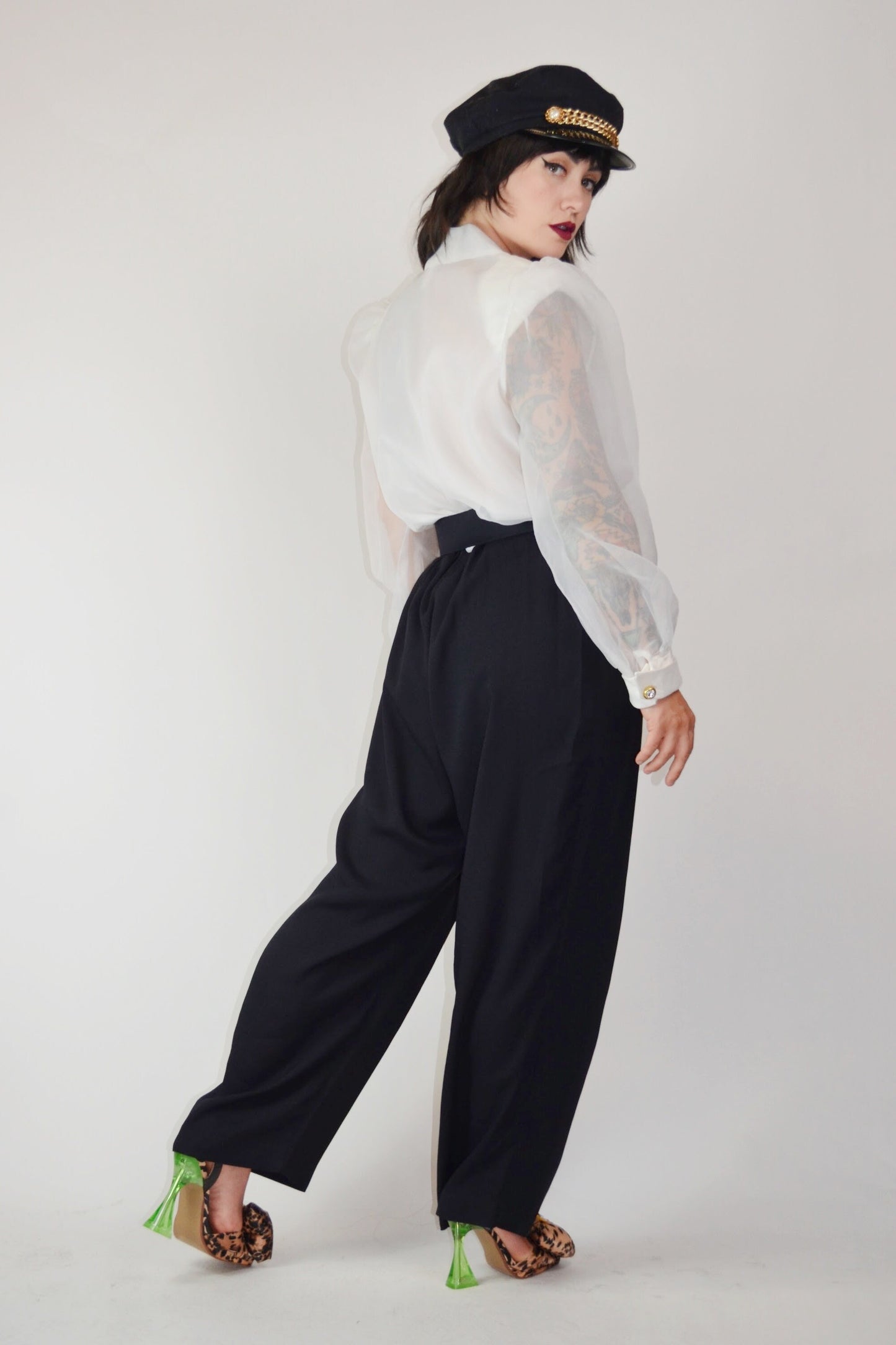 1980s Jumpsuit Vintage Black and White Dramatic Blouse - Medium
