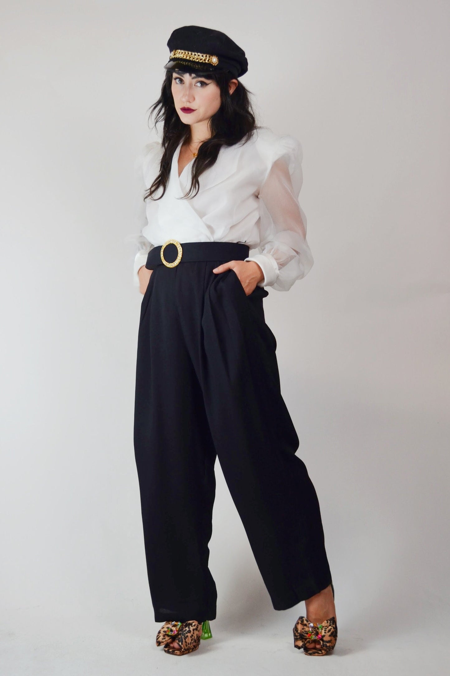 1980s Jumpsuit Vintage Black and White Dramatic Blouse - Medium