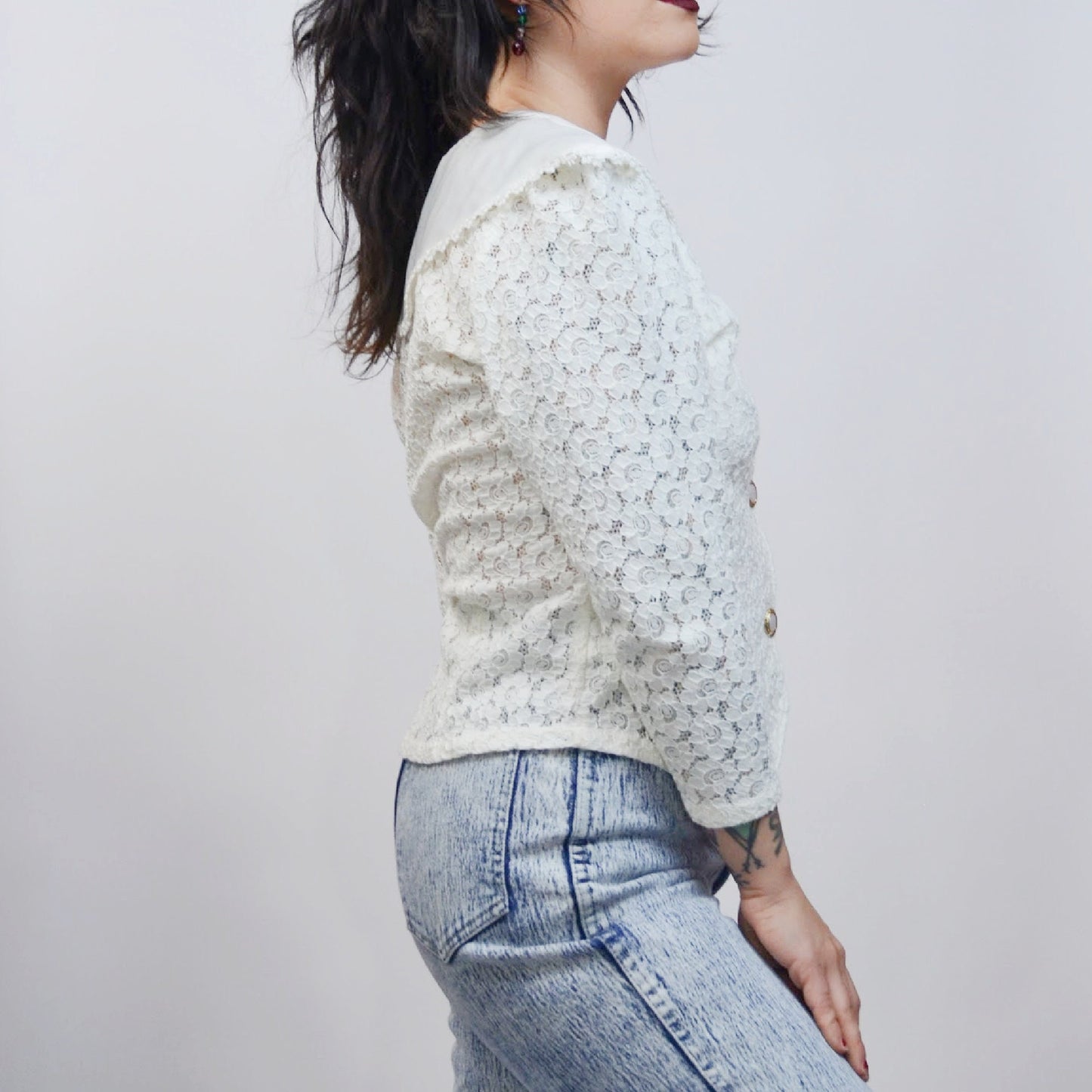 XS 1990s Lace Preppy Blouse Vintage 80s Girly Satin Top