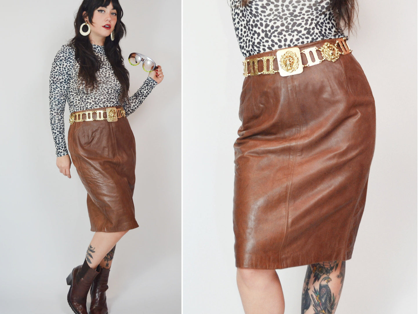 28 waist - 1980s GLORIA SACHS Brown Leather Wiggle Skirt Vintage 80s