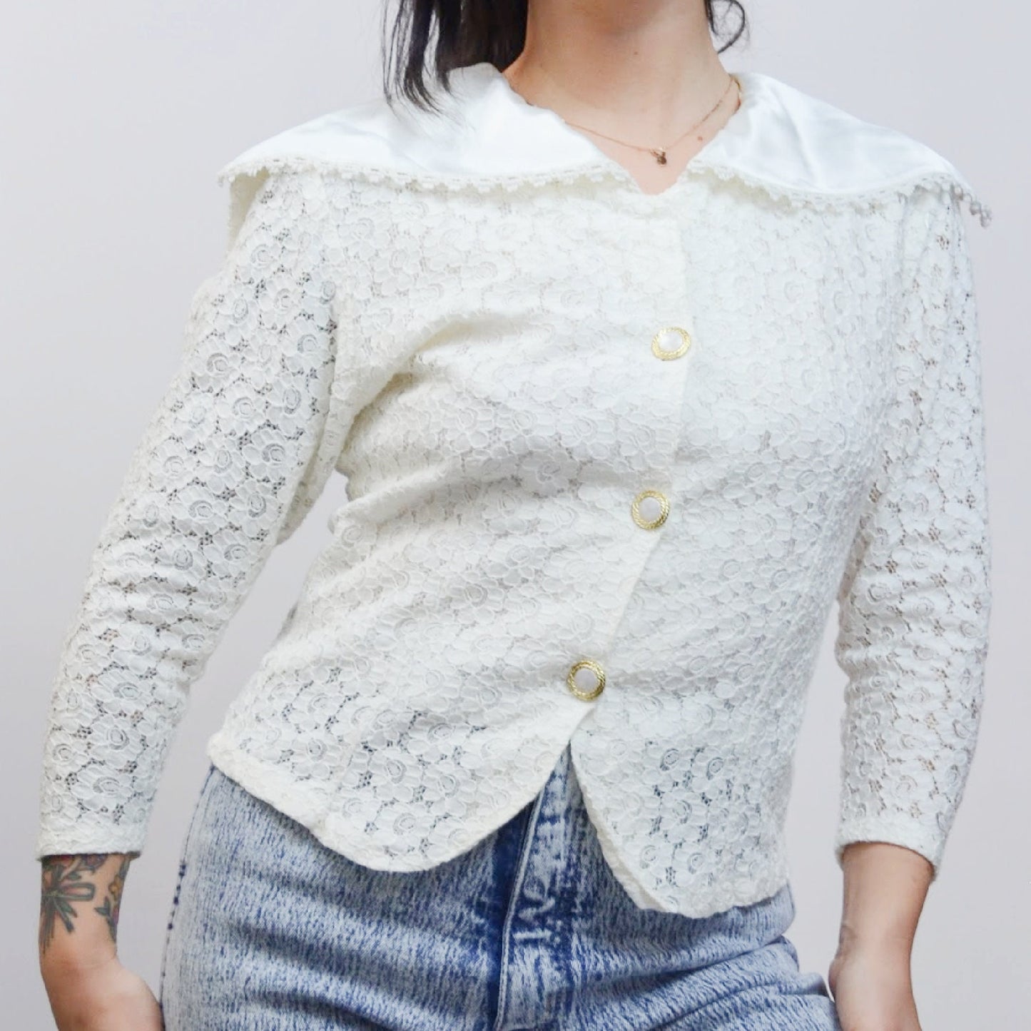 XS 1990s Lace Preppy Blouse Vintage 80s Girly Satin Top