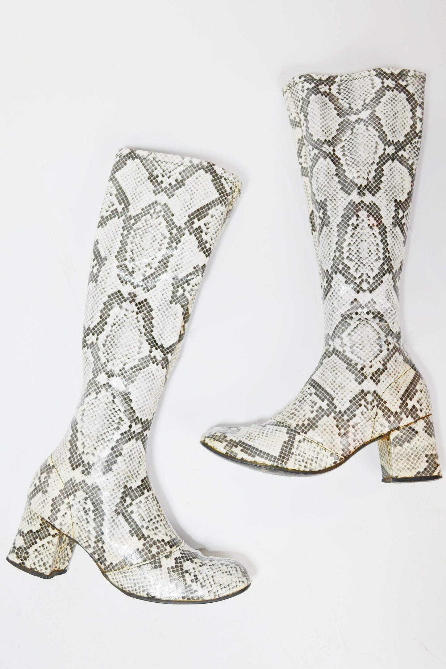 1960s Snakeskin Knee High Boots Vinyl Rock n Roll Kitten Heel Booties