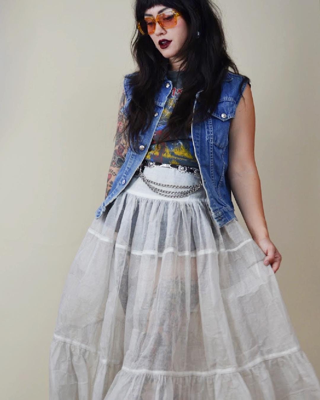 SMALL 1970s DENIM Cut Off Vintage Distressed Vest 70s VTG BachmanTurner Overdrive Rock Band