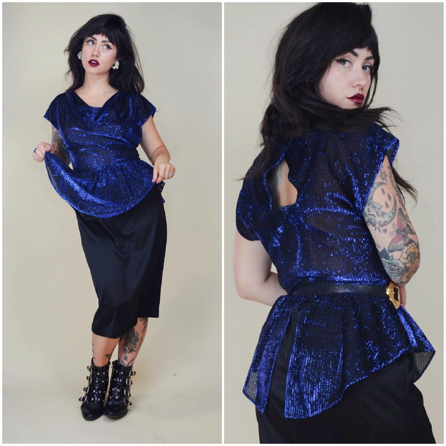 SMALL MEDIUM 1970s Metallic Disco Dress Vintage 80s Party Cocktail Peplum Wiggle Power Dress