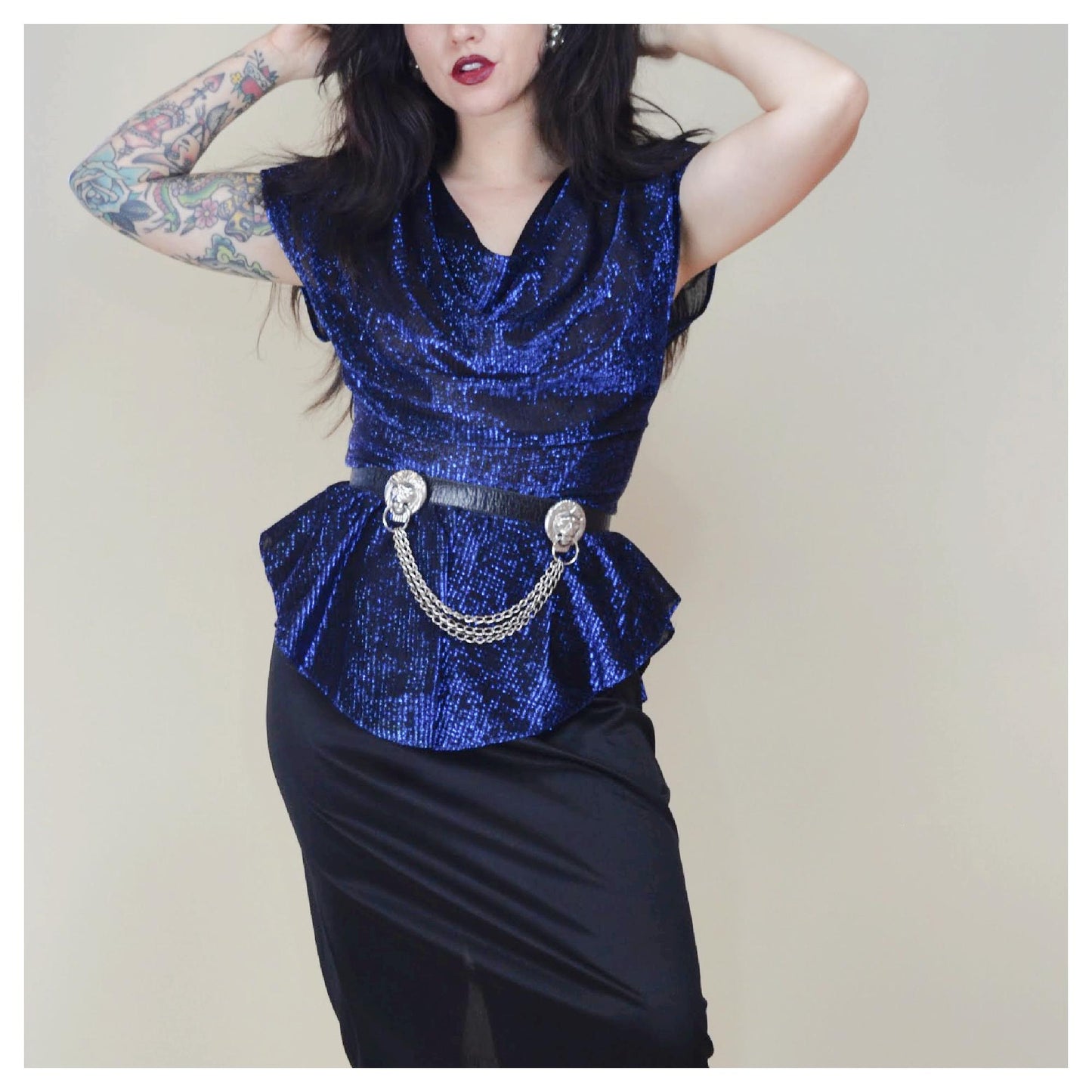 SMALL MEDIUM 1970s Metallic Disco Dress Vintage 80s Party Cocktail Peplum Wiggle Power Dress