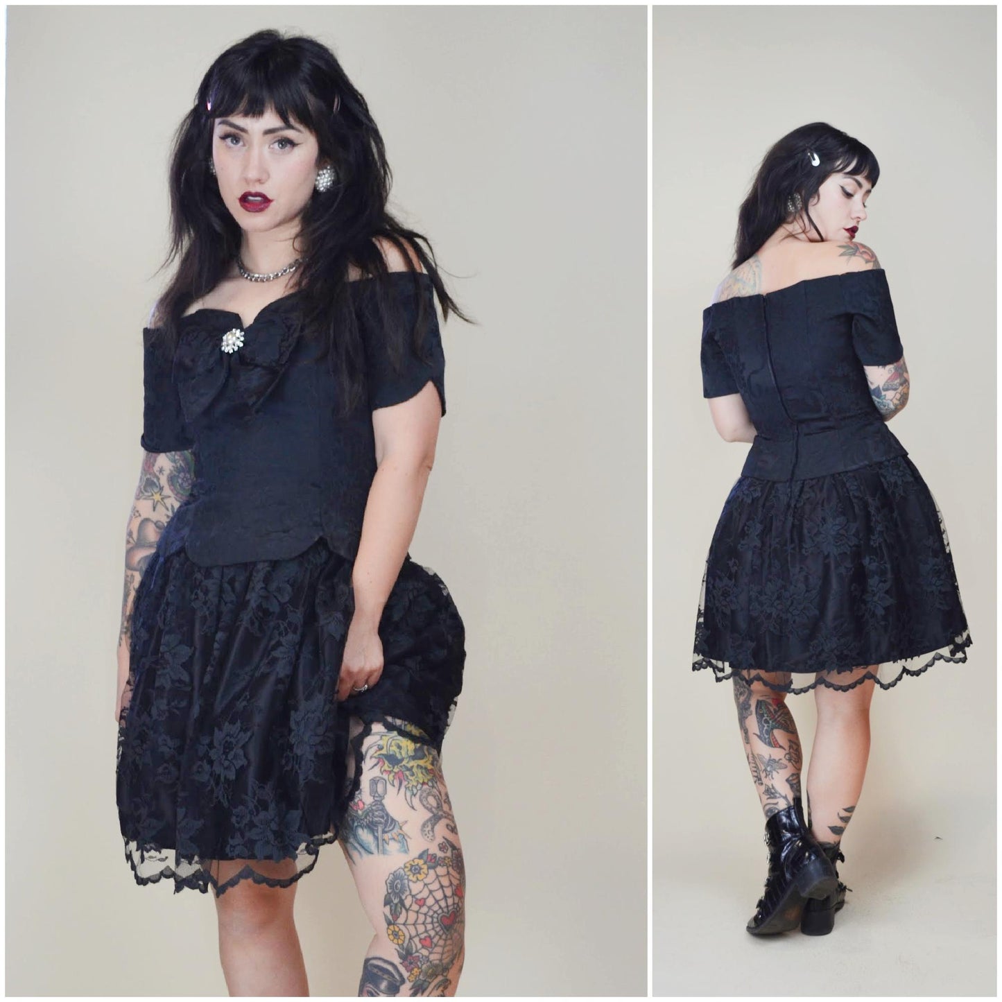 XS SMALL 1980s Jessica McClintock Black Lace Mini Dress Lydia BEETLEJUICE Goth Vibes