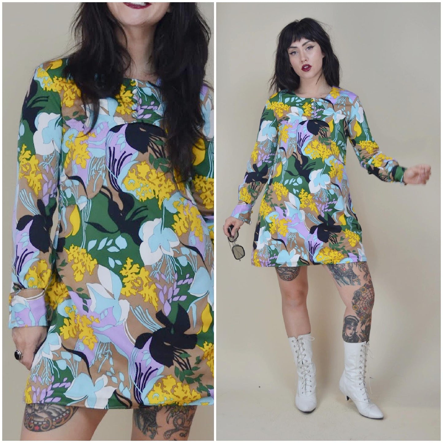 SMALL 1960s Floral Mod Mini Dress 60s Vintage Babydoll Long Sleeve Short Dress