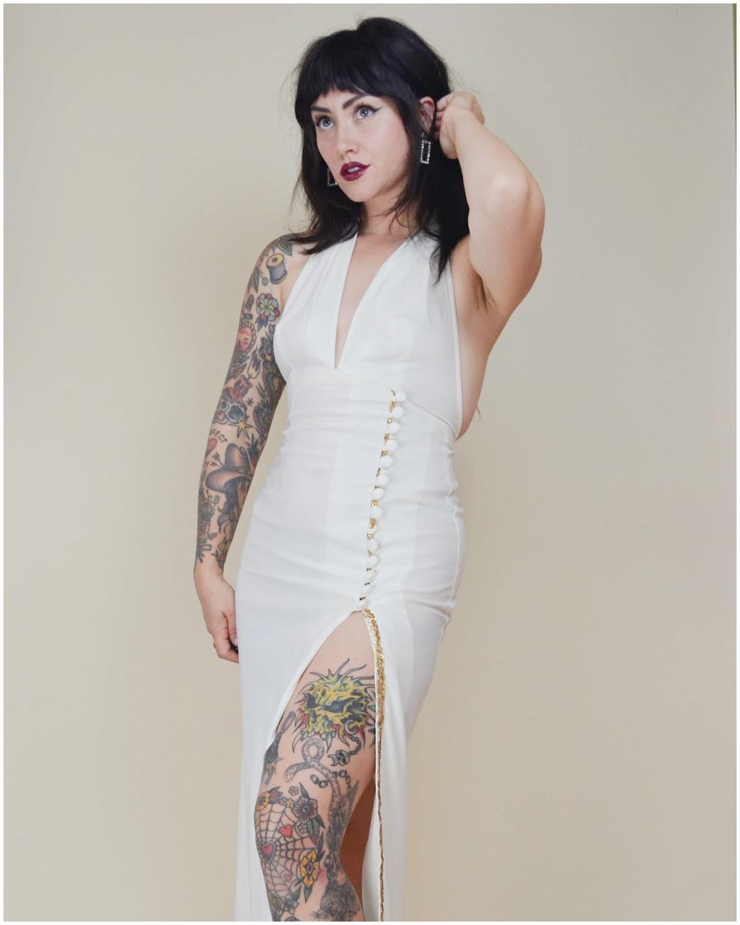XS 1970s FREDERICK'S of HOLLYWOOD Long Halter Dress White and Gold Vintage Sexy High Slit Cocktail Dress