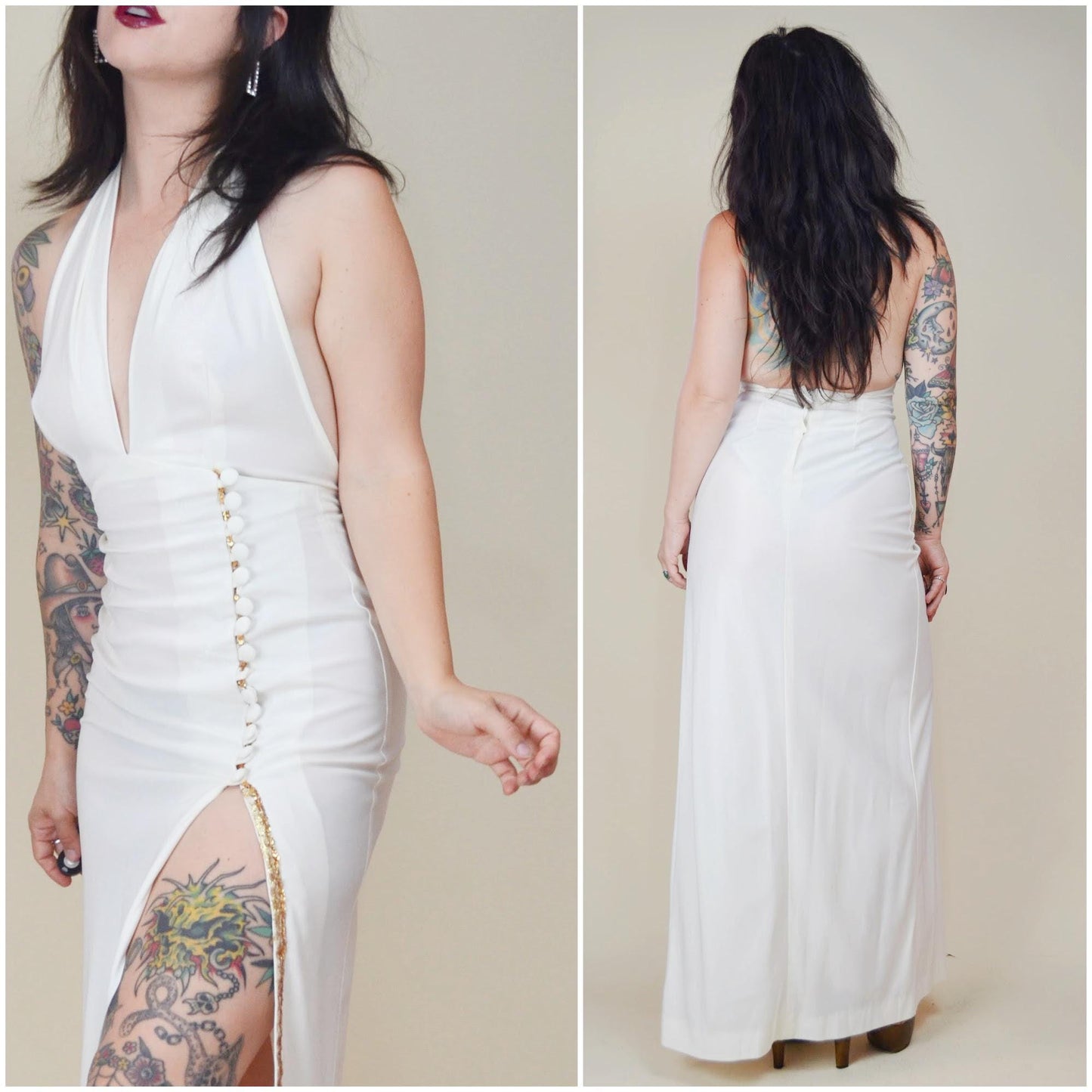 XS 1970s FREDERICK'S of HOLLYWOOD Long Halter Dress White and Gold Vintage Sexy High Slit Cocktail Dress