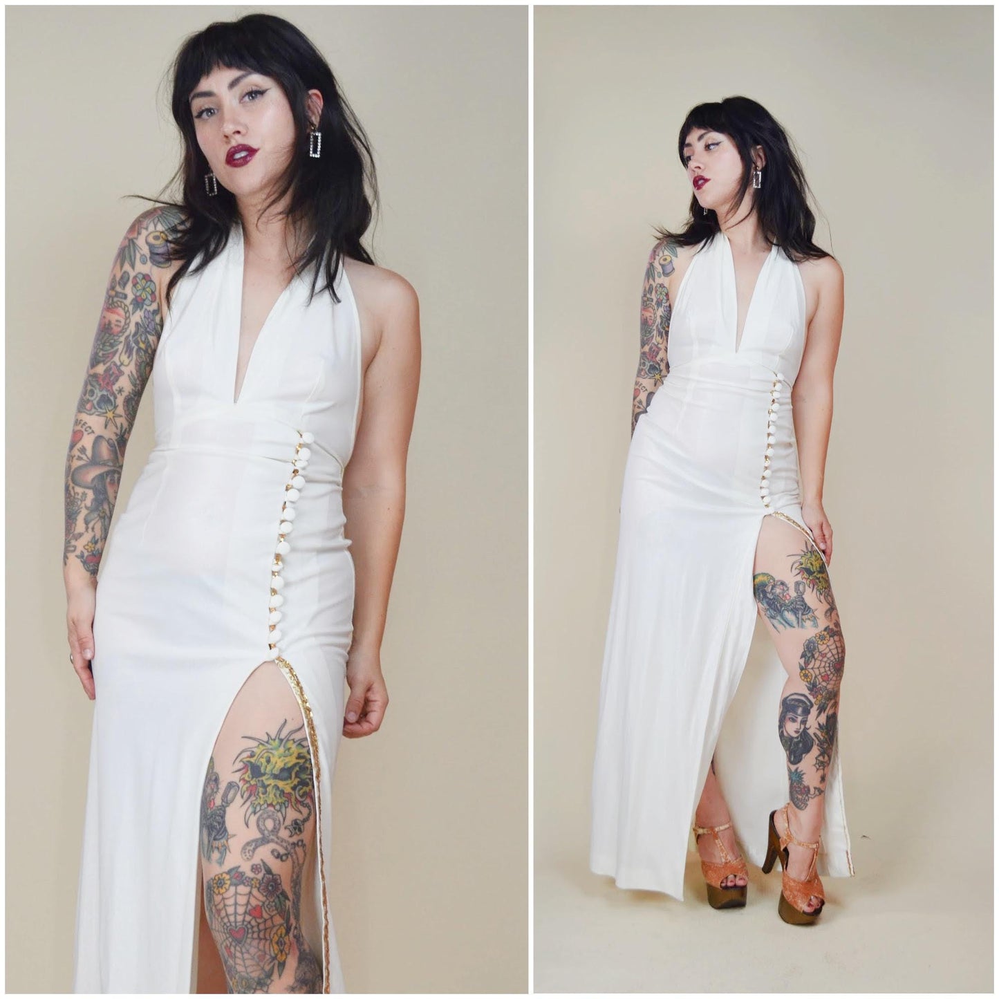 XS 1970s FREDERICK'S of HOLLYWOOD Long Halter Dress White and Gold Vintage Sexy High Slit Cocktail Dress