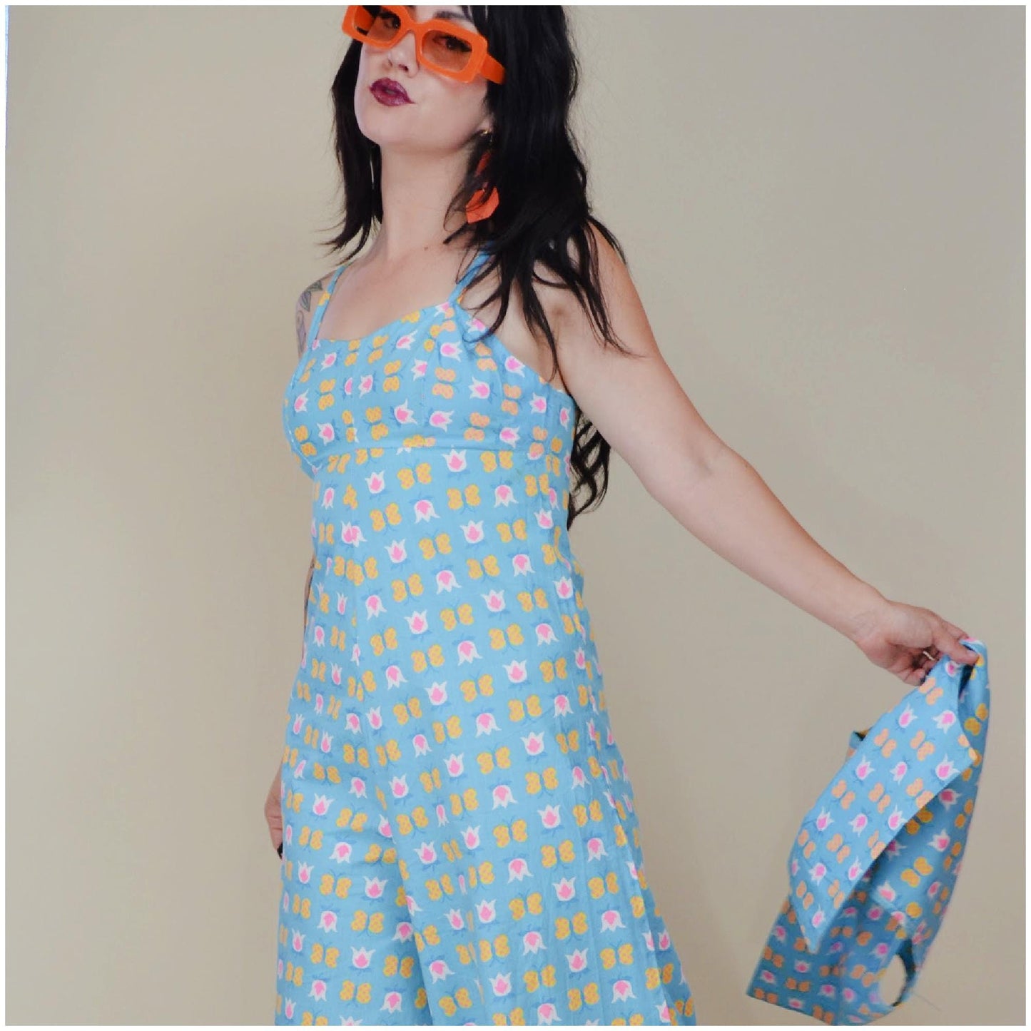 SMALL MEDIUM 1960s Two Piece Wide Leg COTTON Jumpsuit Vintage Funky Elephant Bells Vtg Wide Leg Floral
