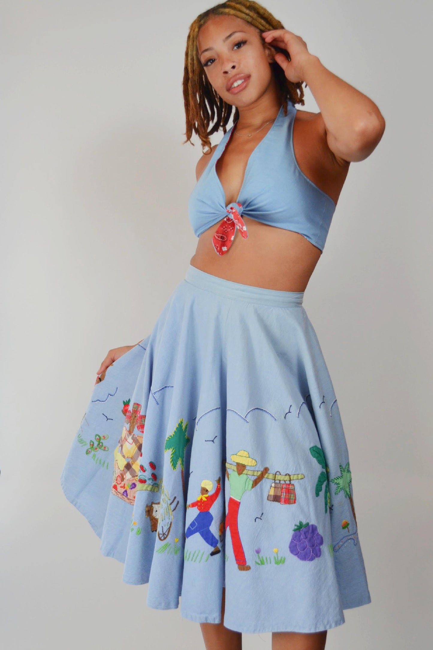 1950s Cotton Novelty Appliqued Handstitched Skirt Vintage 50s Circle Skirt