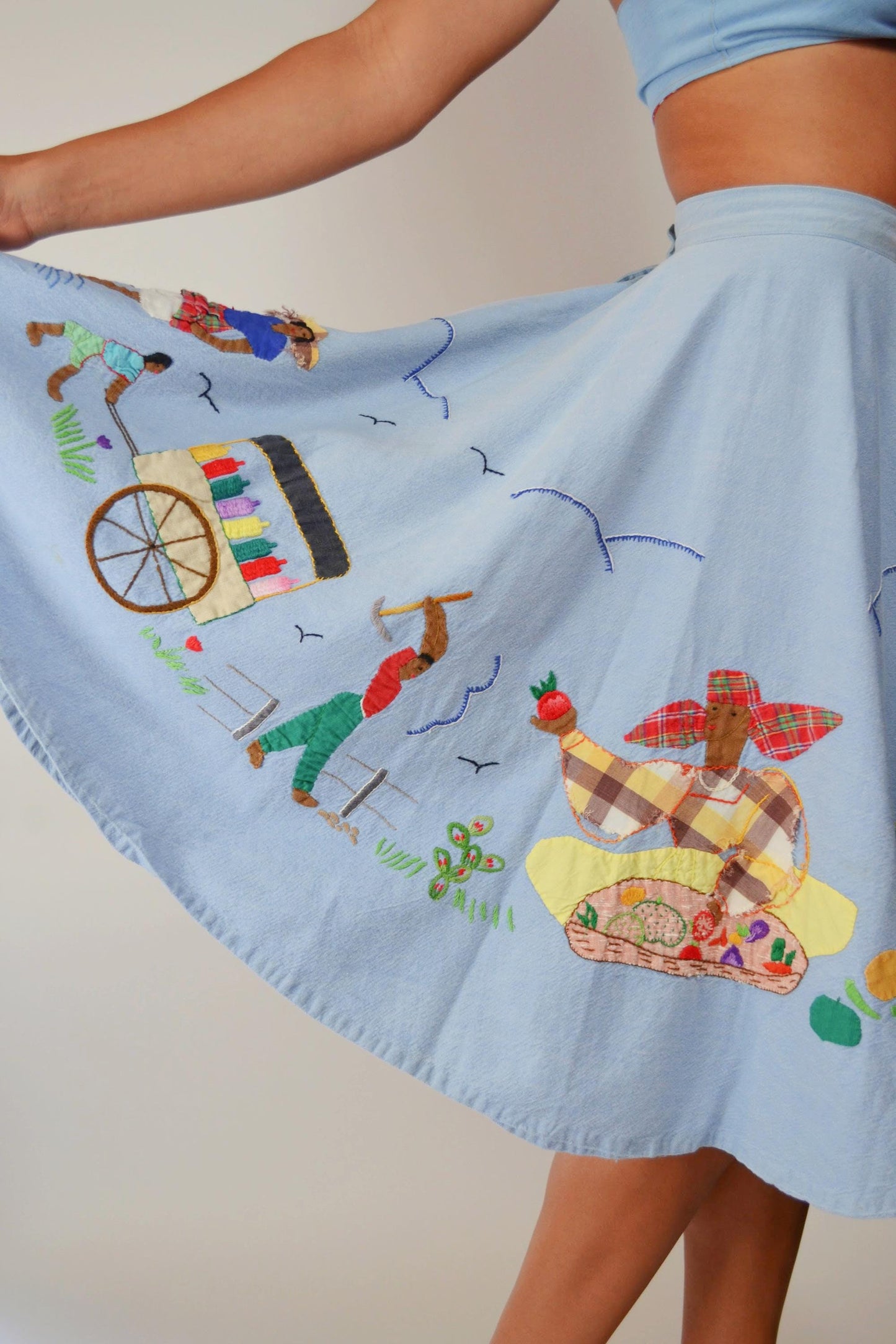 1950s Cotton Novelty Appliqued Handstitched Skirt Vintage 50s Circle Skirt