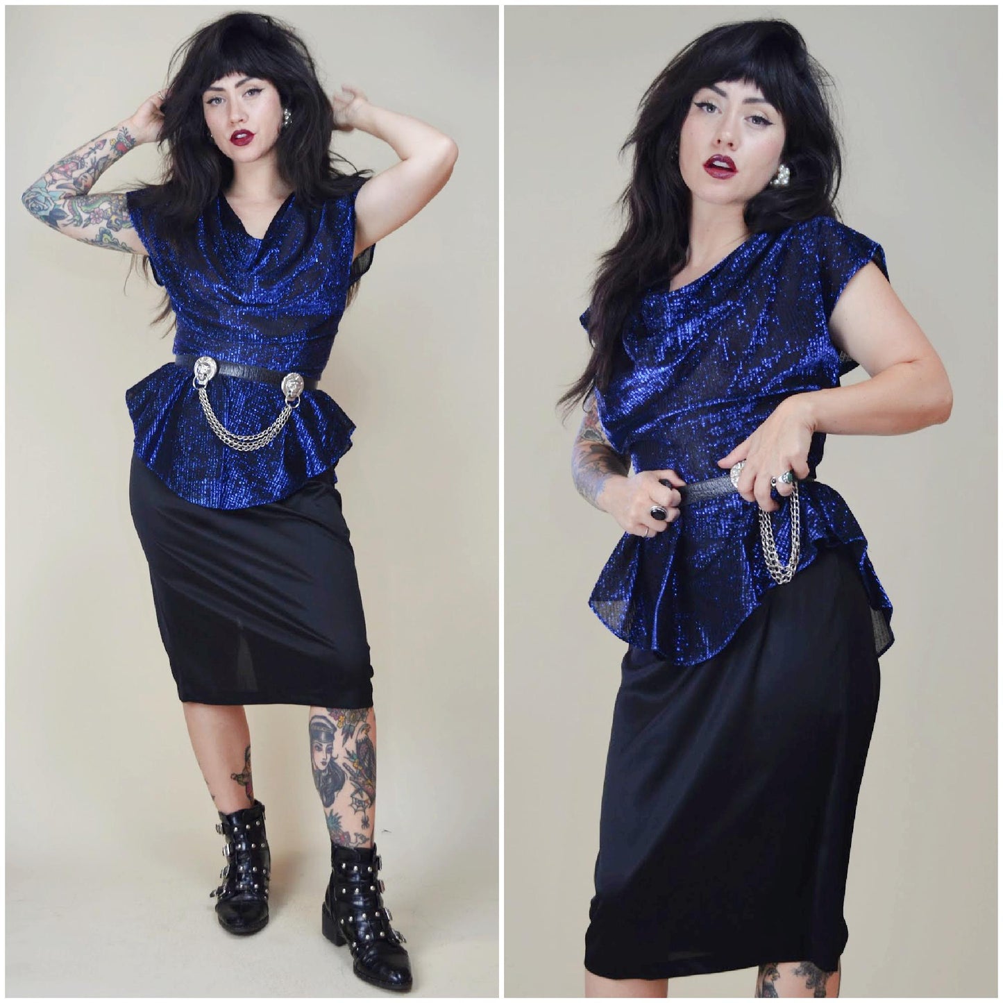 SMALL MEDIUM 1970s Metallic Disco Dress Vintage 80s Party Cocktail Peplum Wiggle Power Dress