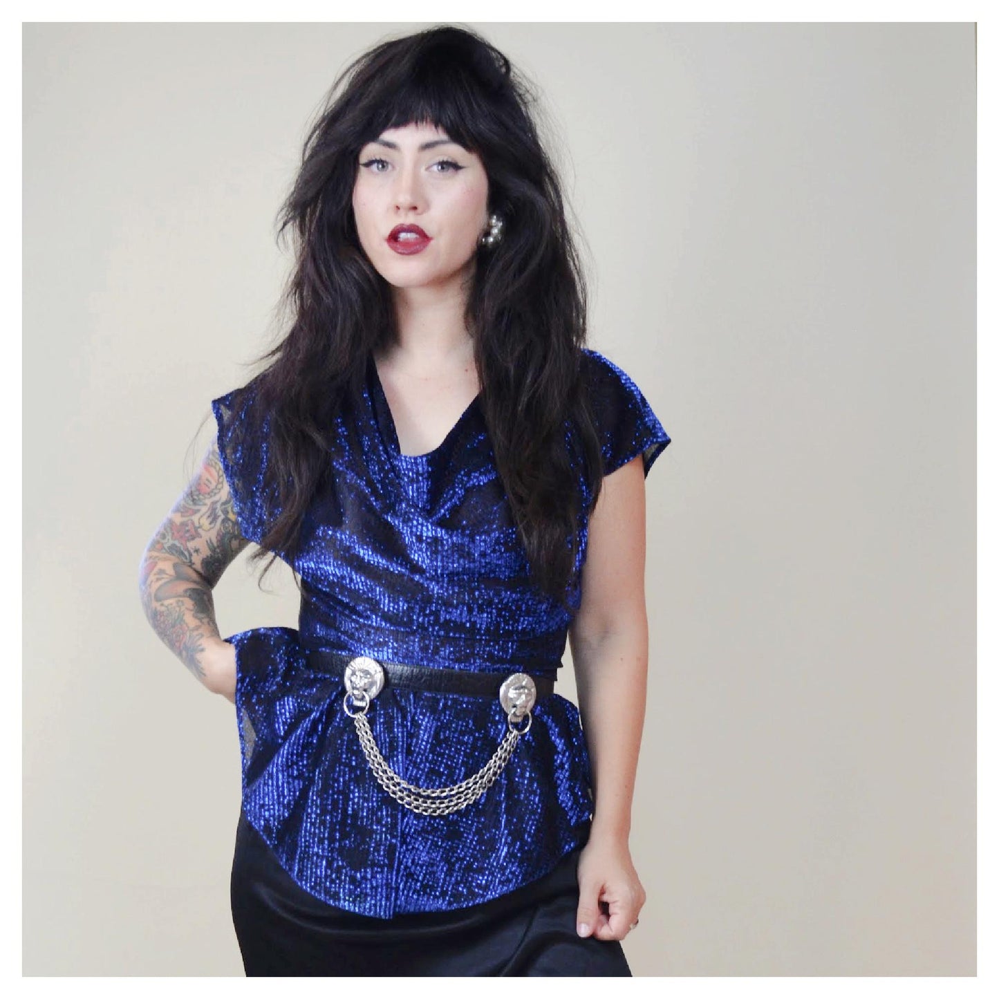 SMALL MEDIUM 1970s Metallic Disco Dress Vintage 80s Party Cocktail Peplum Wiggle Power Dress