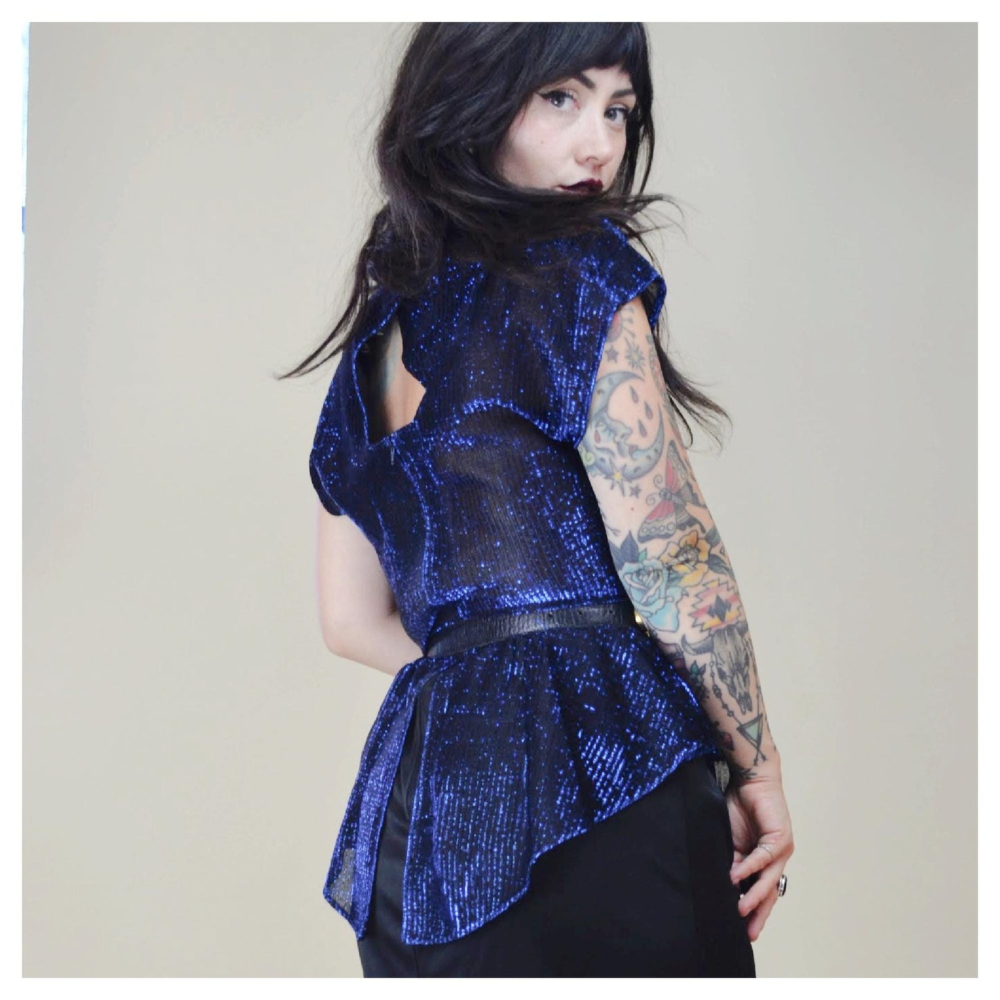 SMALL MEDIUM 1970s Metallic Disco Dress Vintage 80s Party Cocktail Peplum Wiggle Power Dress