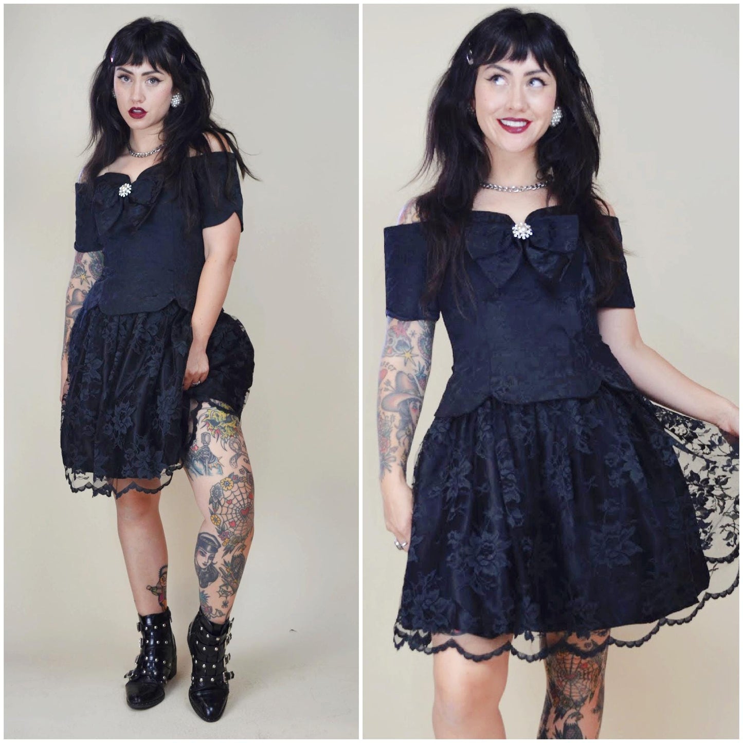XS SMALL 1980s Jessica McClintock Black Lace Mini Dress Lydia BEETLEJUICE Goth Vibes