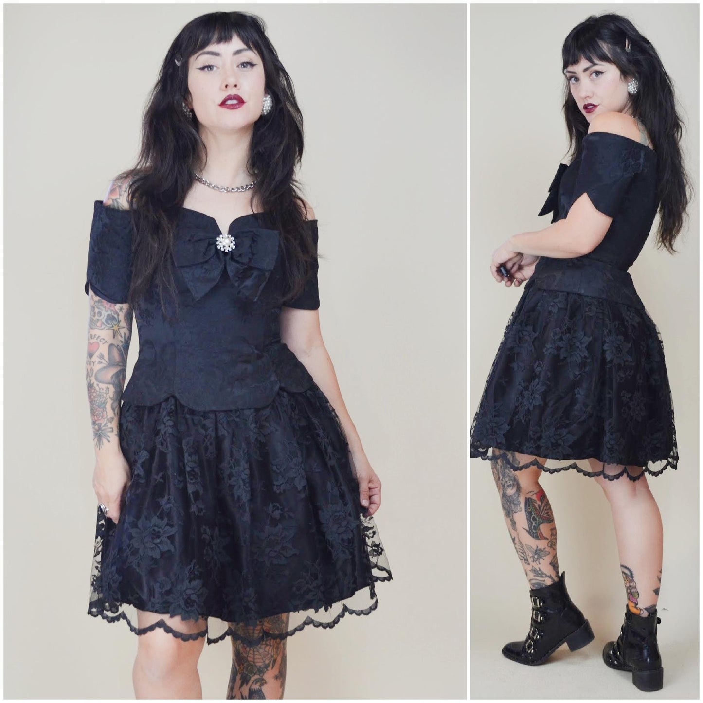 XS SMALL 1980s Jessica McClintock Black Lace Mini Dress Lydia BEETLEJUICE Goth Vibes