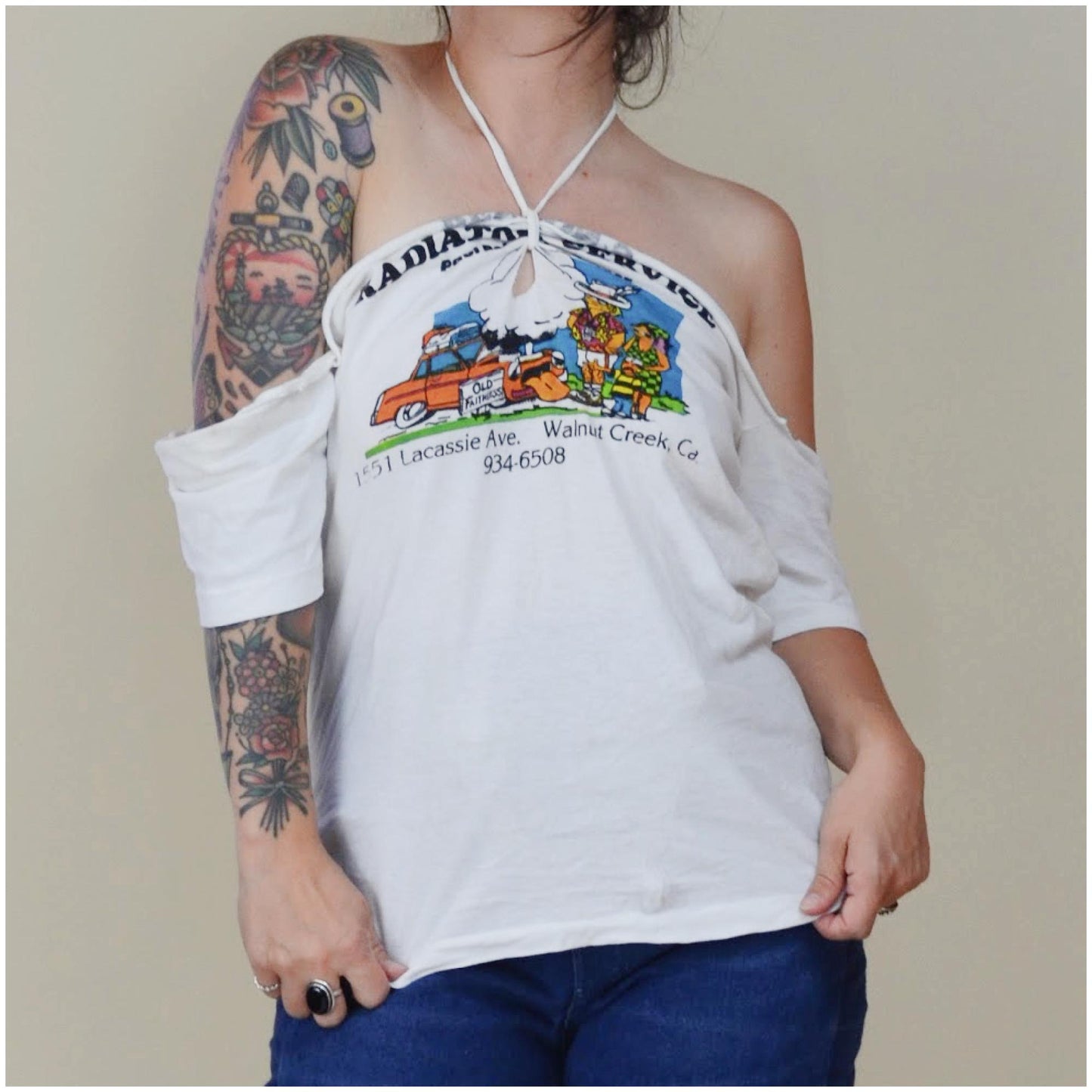 1970s 1980s DIY Vintage Screen Printed Shirt BENSONS Radiator Service Walnut Creek White Cut Off T Shirt O/S