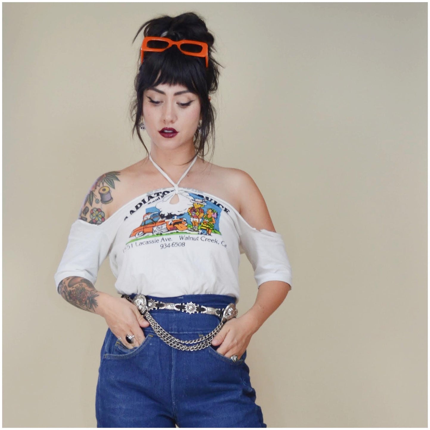 1970s 1980s DIY Vintage Screen Printed Shirt BENSONS Radiator Service Walnut Creek White Cut Off T Shirt O/S