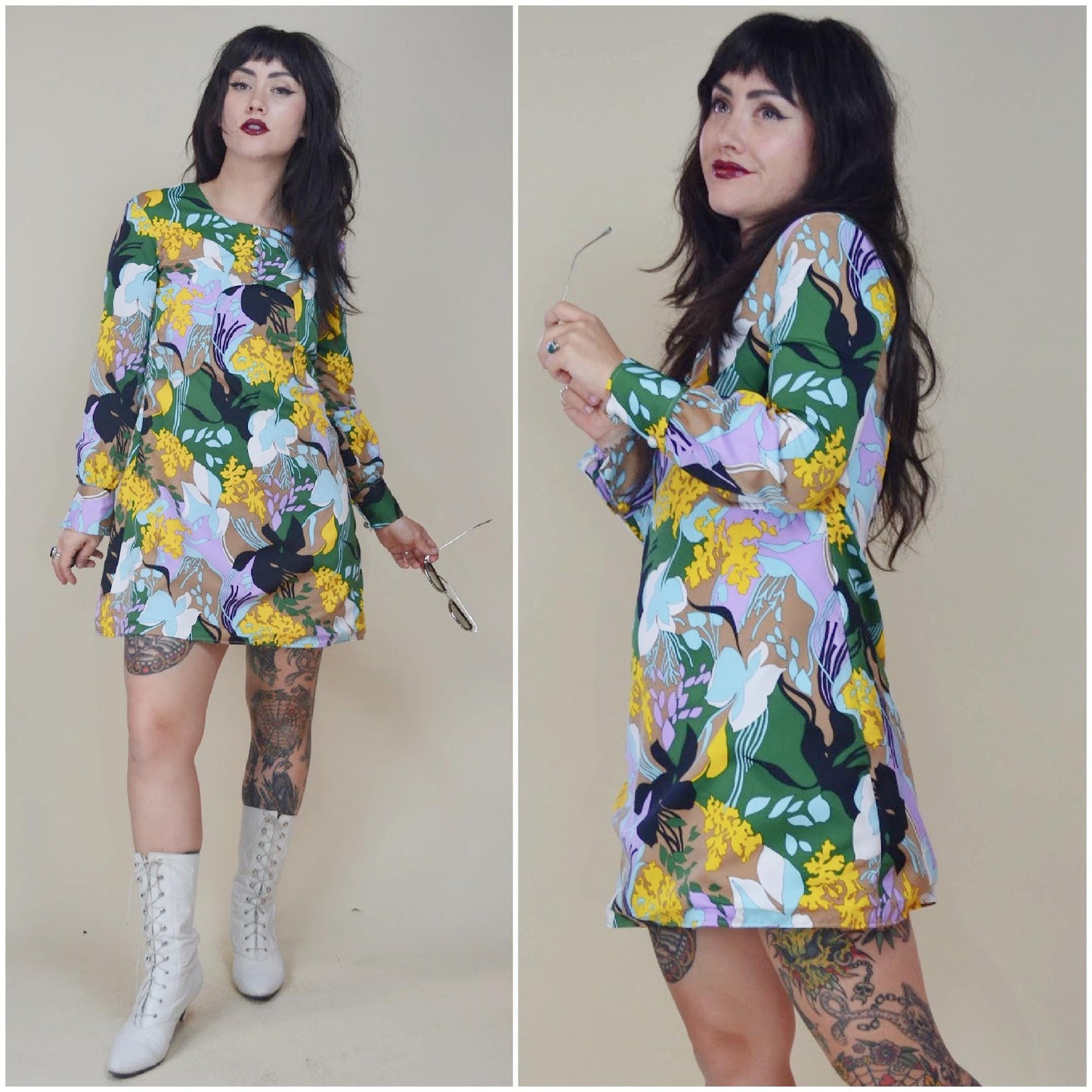 SMALL 1960s Floral Mod Mini Dress 60s Vintage Babydoll Long Sleeve Short Dress