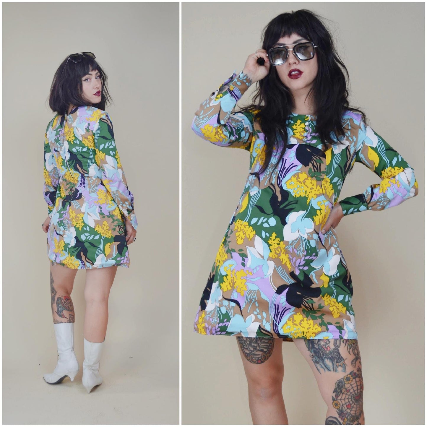 SMALL 1960s Floral Mod Mini Dress 60s Vintage Babydoll Long Sleeve Short Dress