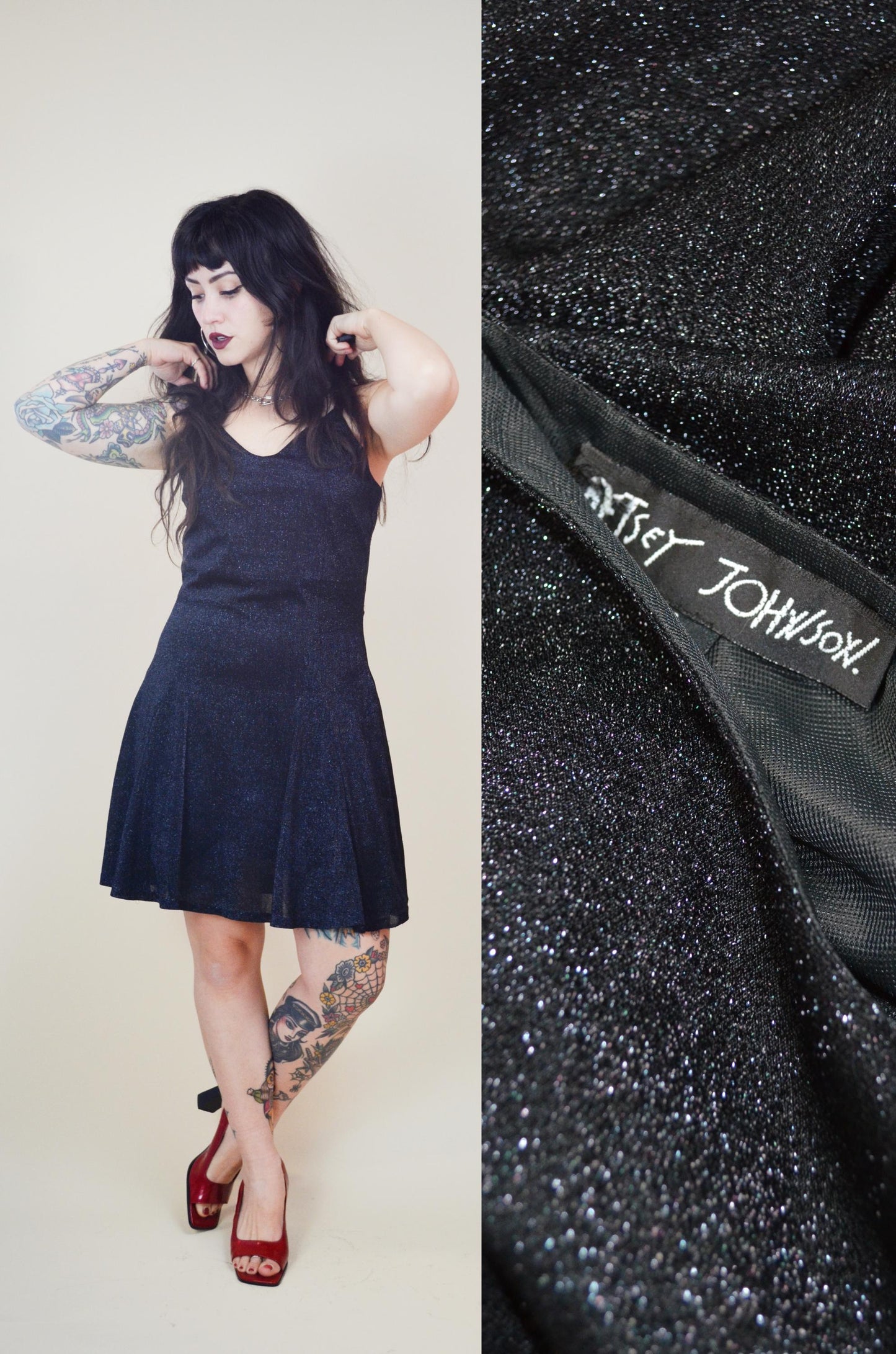 1990s Betsey Johnson Black Sparkly Dress Glitter NYE Mini Dress Party
