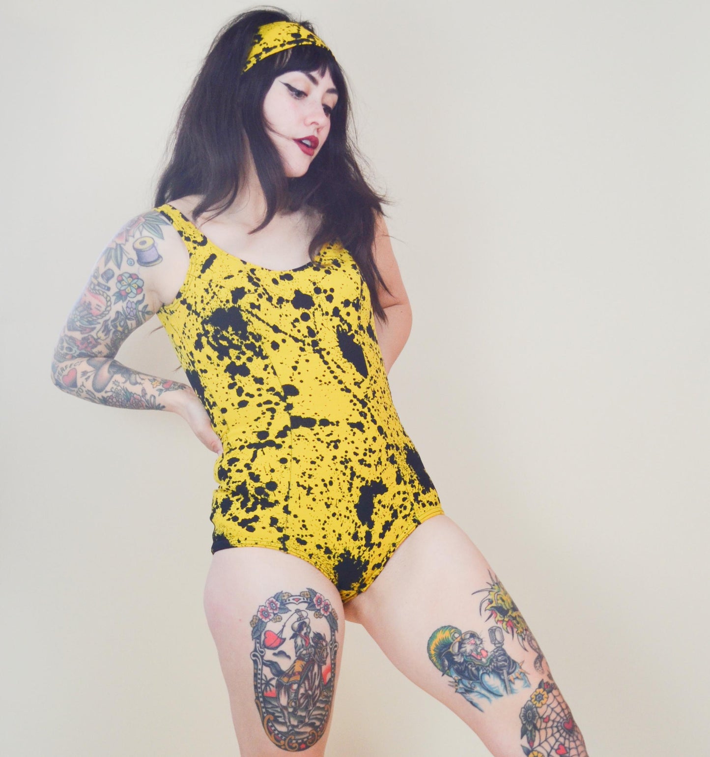 1960s Swimsuit Vintage Black and Yellow Paint Splatter Vintage 60s made in Sweden Set
