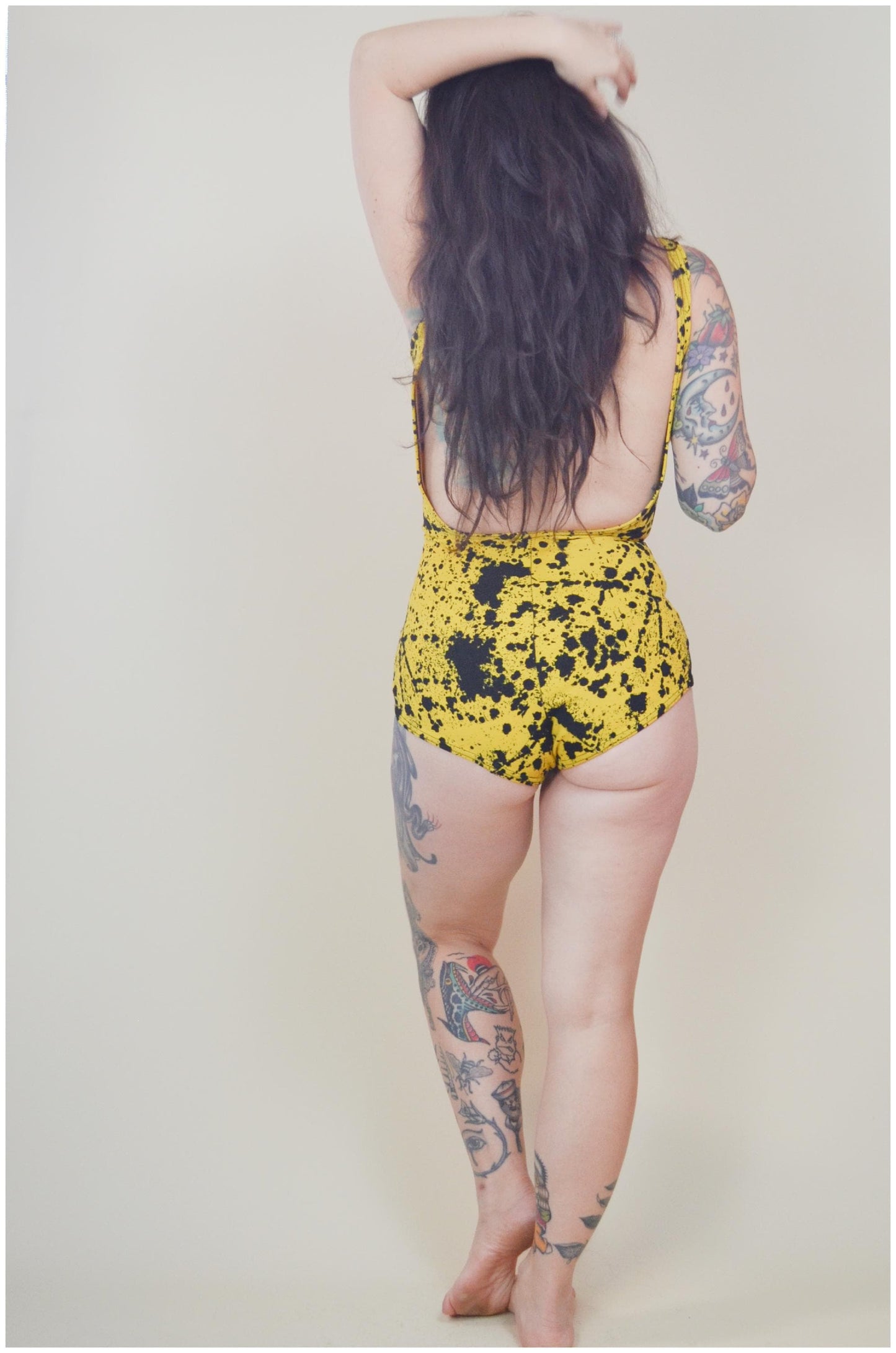 1960s Swimsuit Vintage Black and Yellow Paint Splatter Vintage 60s made in Sweden Set