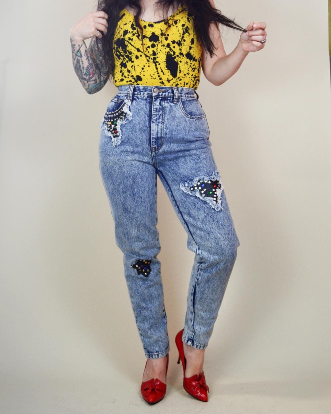 1980s vintage Acid Wash High Rise Jeans VTG Studded Denim Rocker Punk