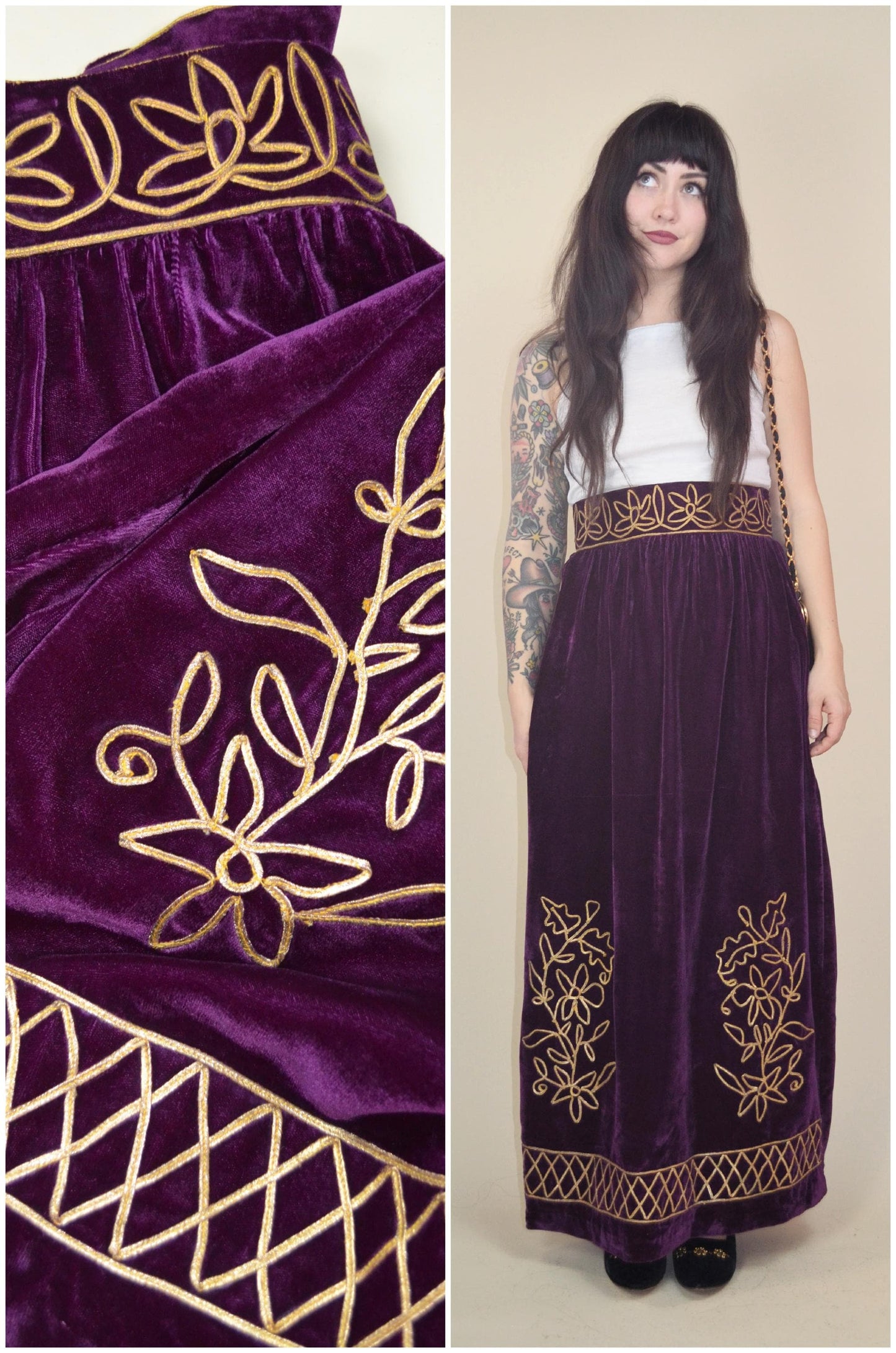 1960s Purple Velvet Maxi Skirt Gold Embroidery Renaissance Revival XS