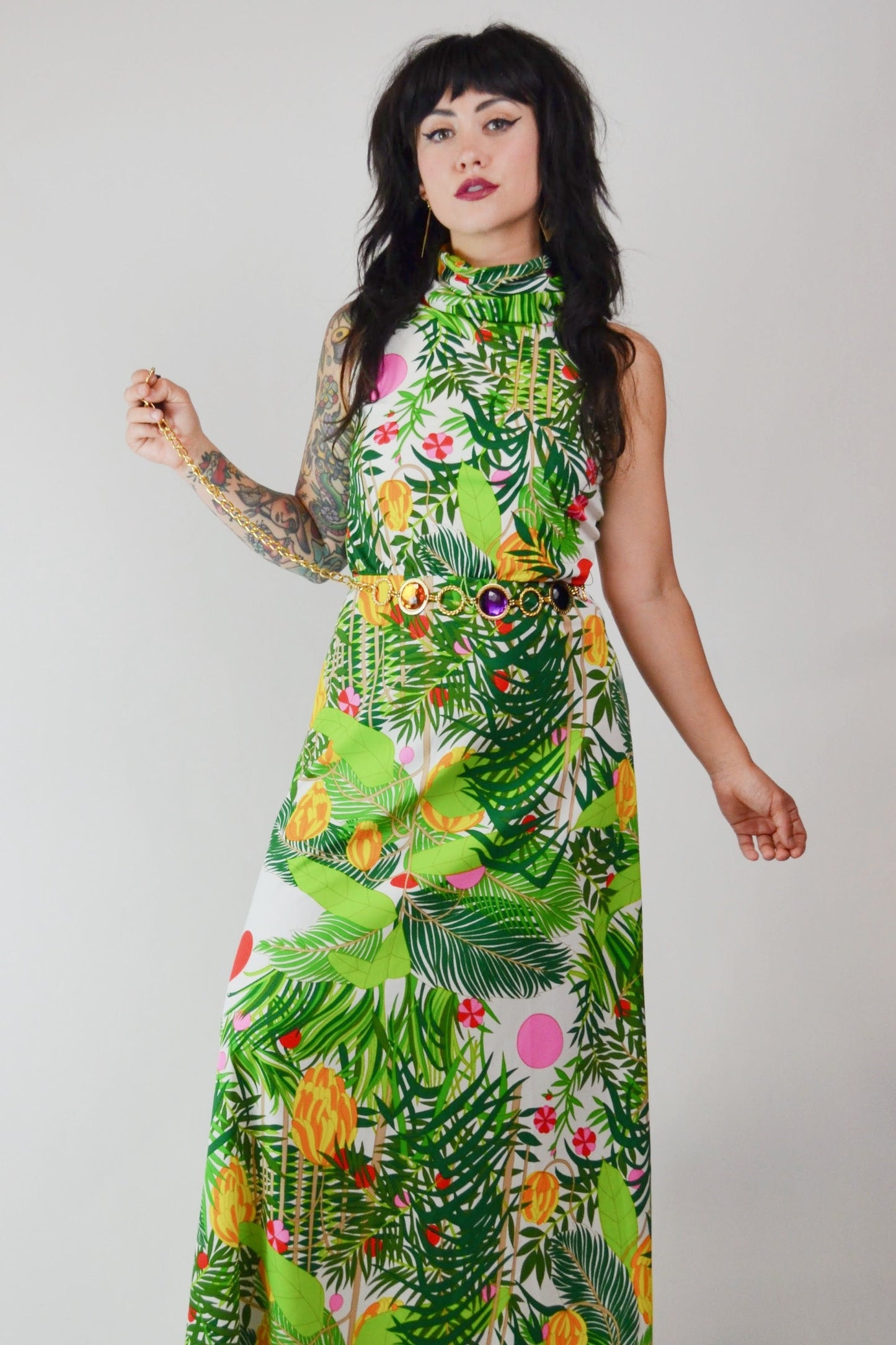 1970s Vintage Jungle Print Maxi Dress - Small - Medium