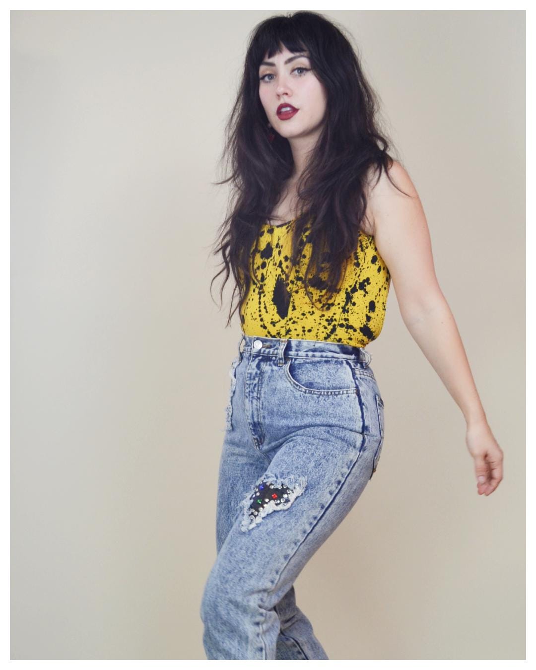 1980s vintage Acid Wash High Rise Jeans VTG Studded Denim Rocker Punk