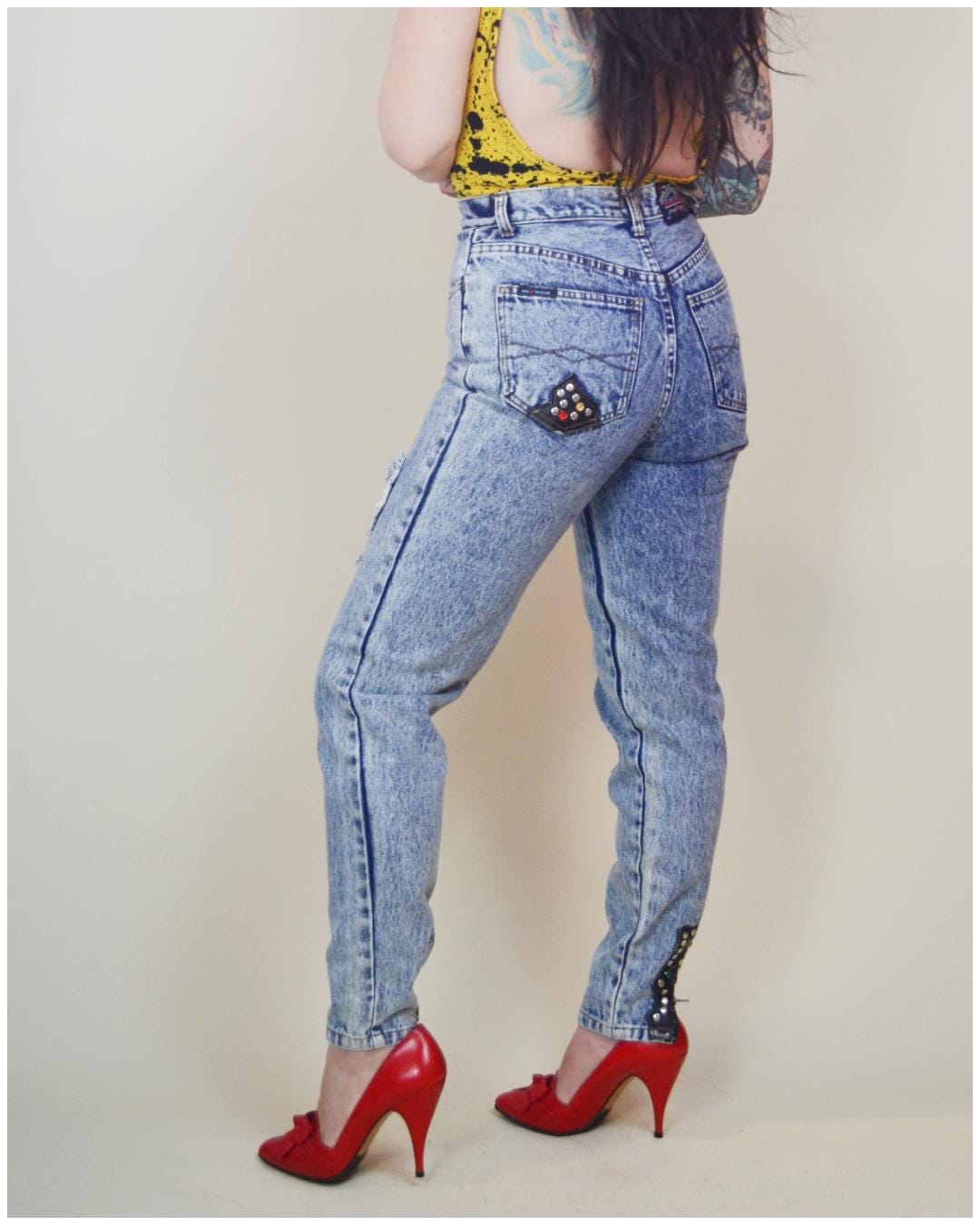 1980s vintage Acid Wash High Rise Jeans VTG Studded Denim Rocker Punk