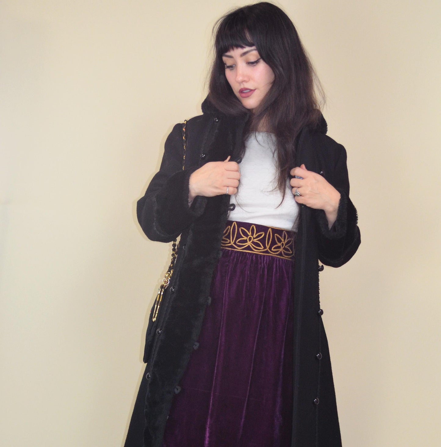 1960s Purple Velvet Maxi Skirt Gold Embroidery Renaissance Revival XS