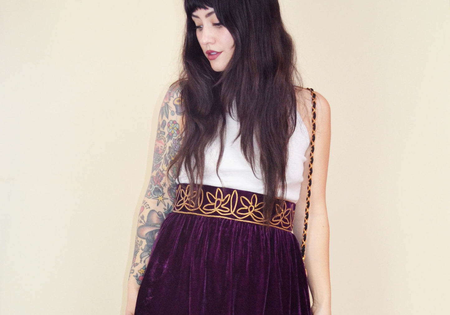 1960s Purple Velvet Maxi Skirt Gold Embroidery Renaissance Revival XS