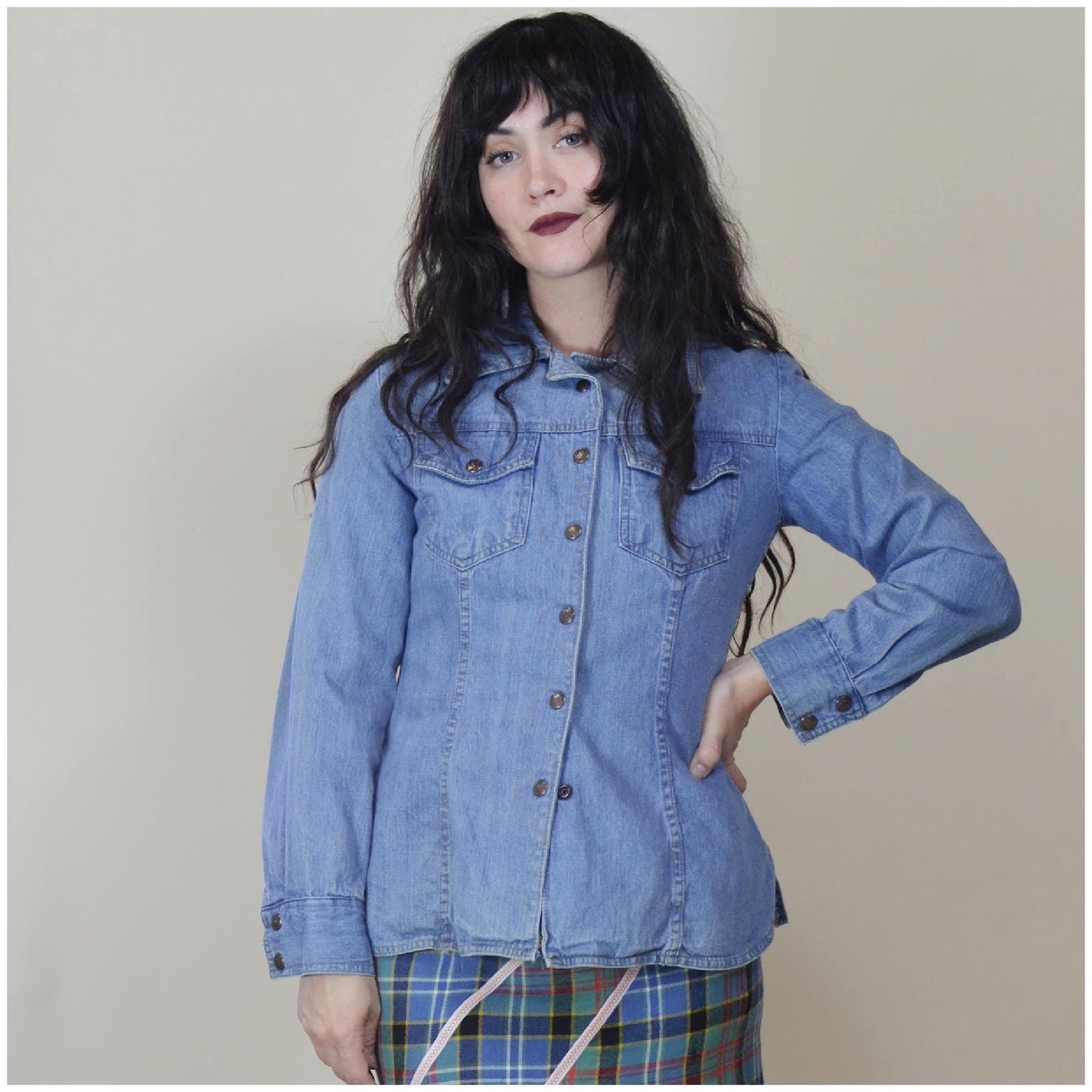 xs 1970s Denim Snap Button Shirt Light Denim 70s Cotton Shirt