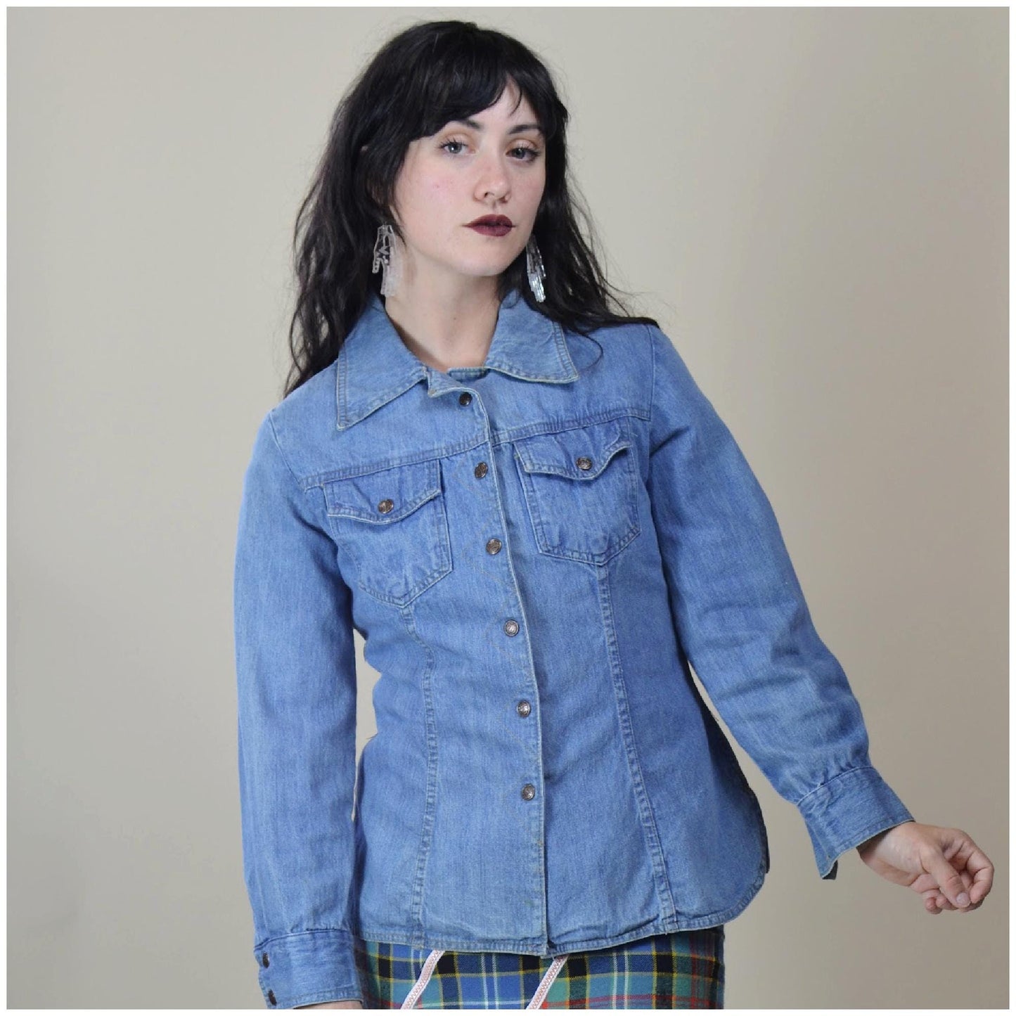 xs 1970s Denim Snap Button Shirt Light Denim 70s Cotton Shirt