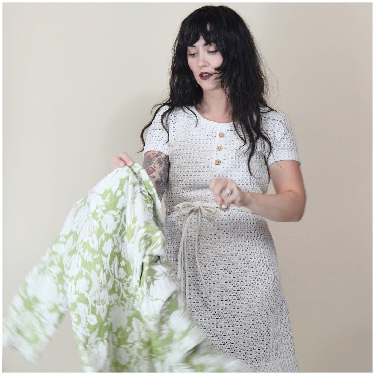 small 1960s Crochet White Shift Dress Vintage Open Weave Mini