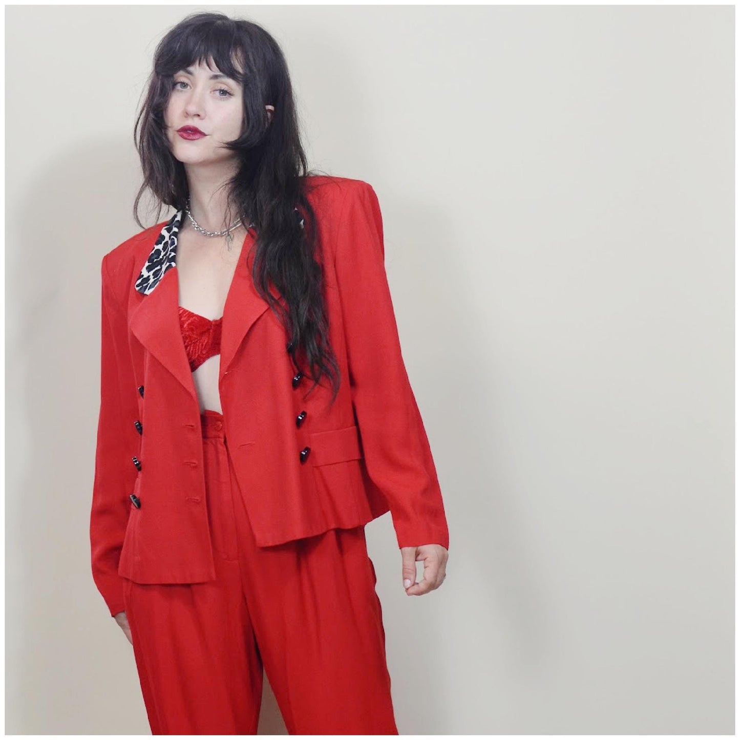 medium - 1990s Two Piece Suit Vintage Red and Leopard VTG 90s