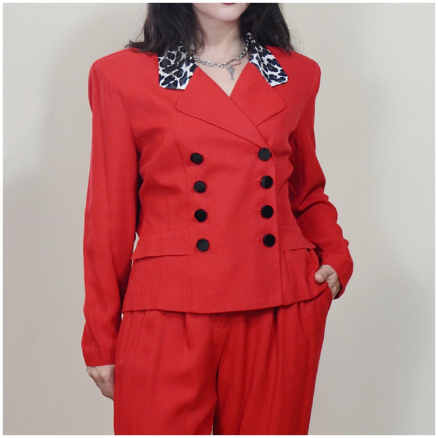medium - 1990s Two Piece Suit Vintage Red and Leopard VTG 90s