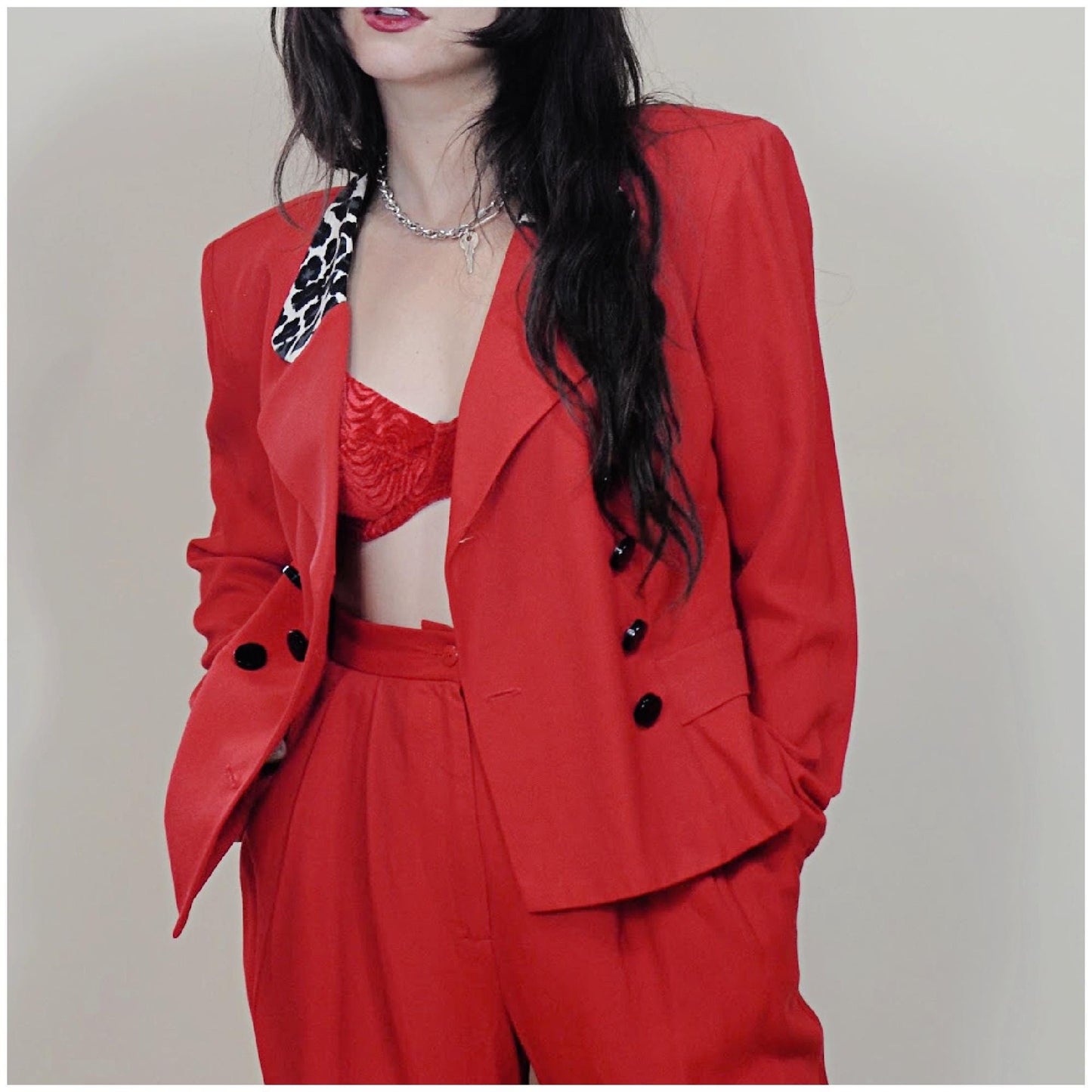 medium - 1990s Two Piece Suit Vintage Red and Leopard VTG 90s