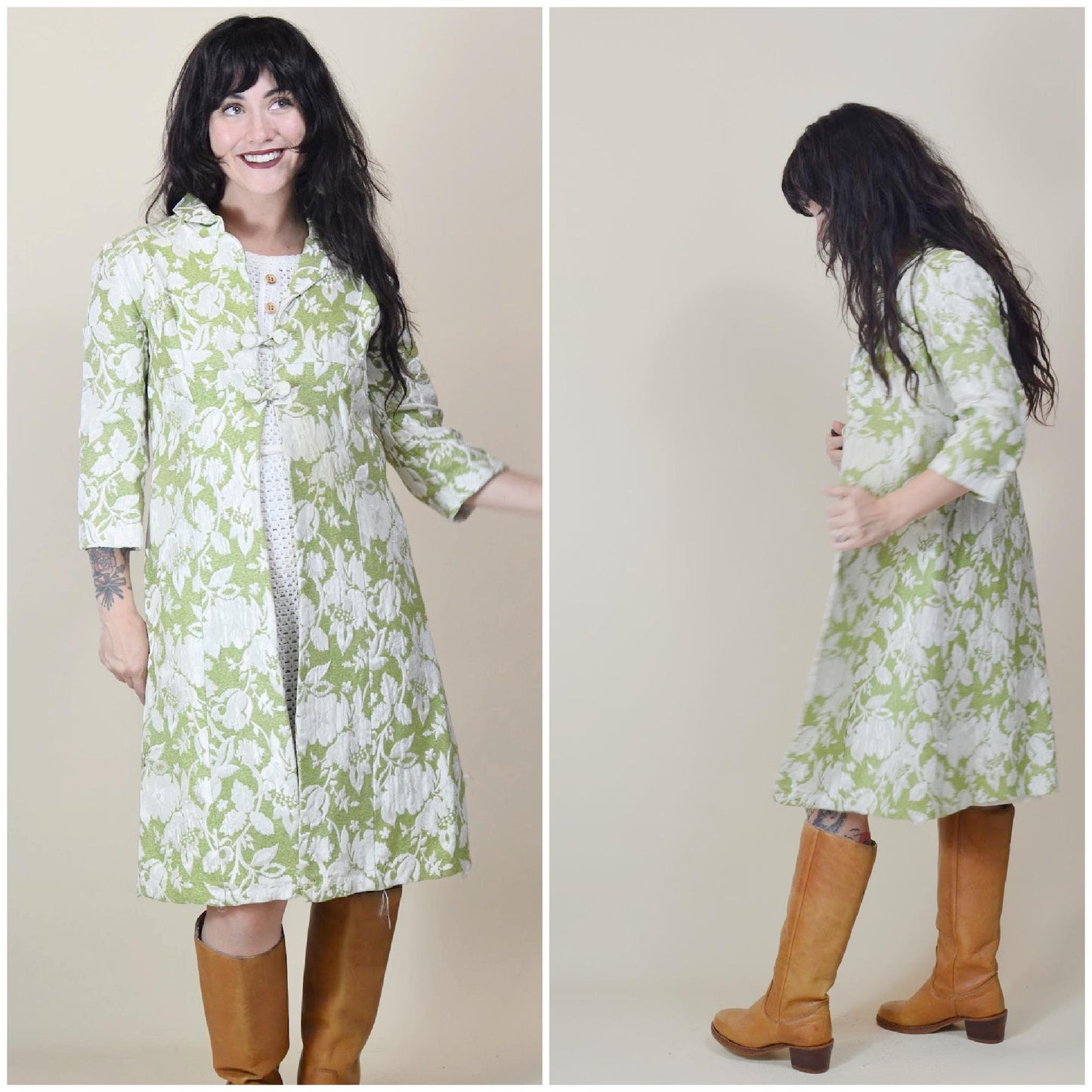 xs 1960s Green Floral Brocade Jacket 60s PETITE Overcoat Vintage Coat