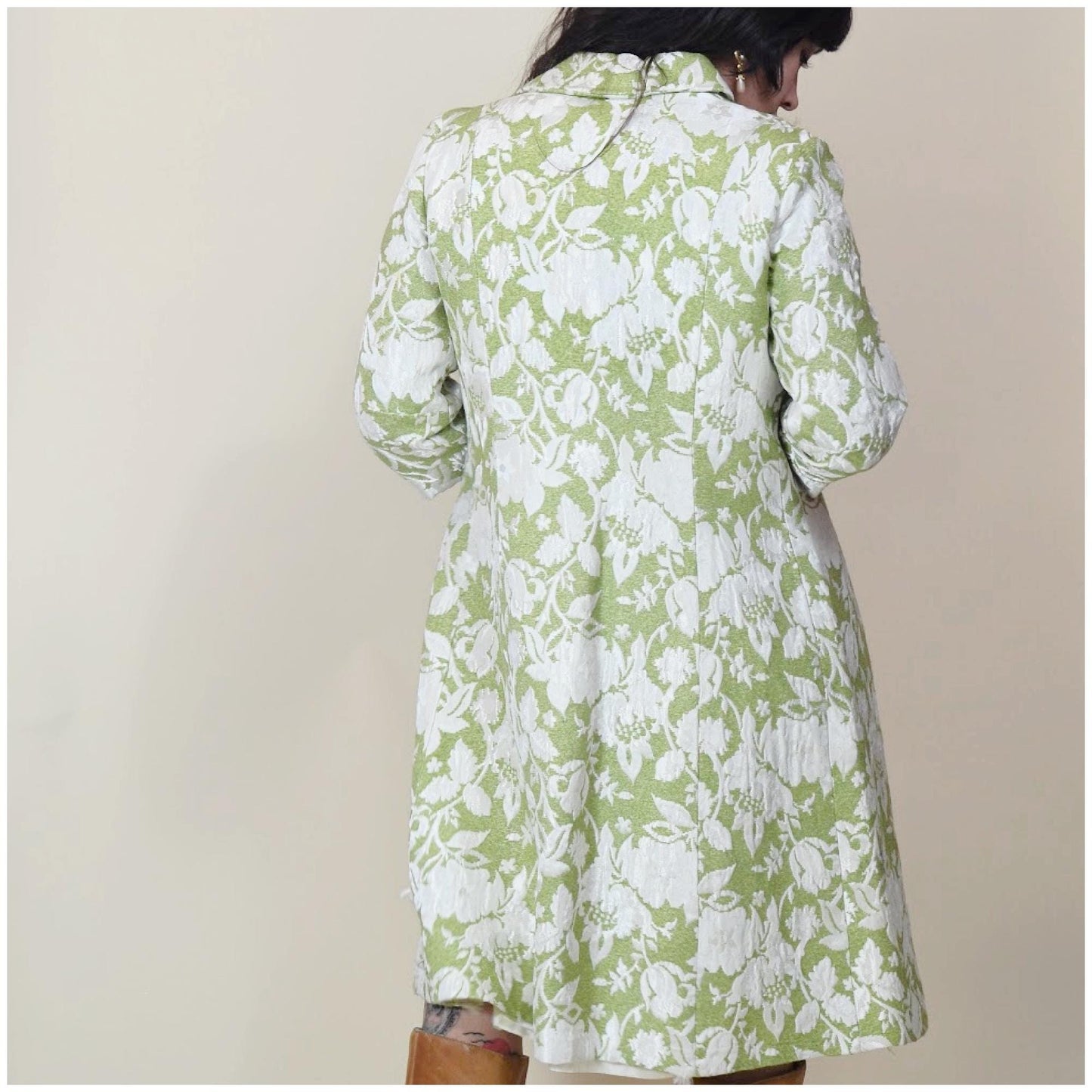 xs 1960s Green Floral Brocade Jacket 60s PETITE Overcoat Vintage Coat