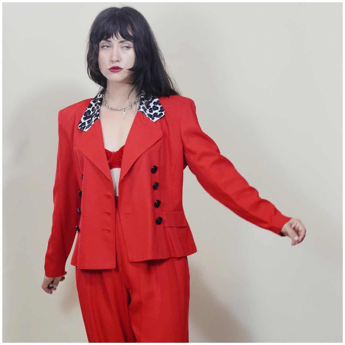 medium - 1990s Two Piece Suit Vintage Red and Leopard VTG 90s