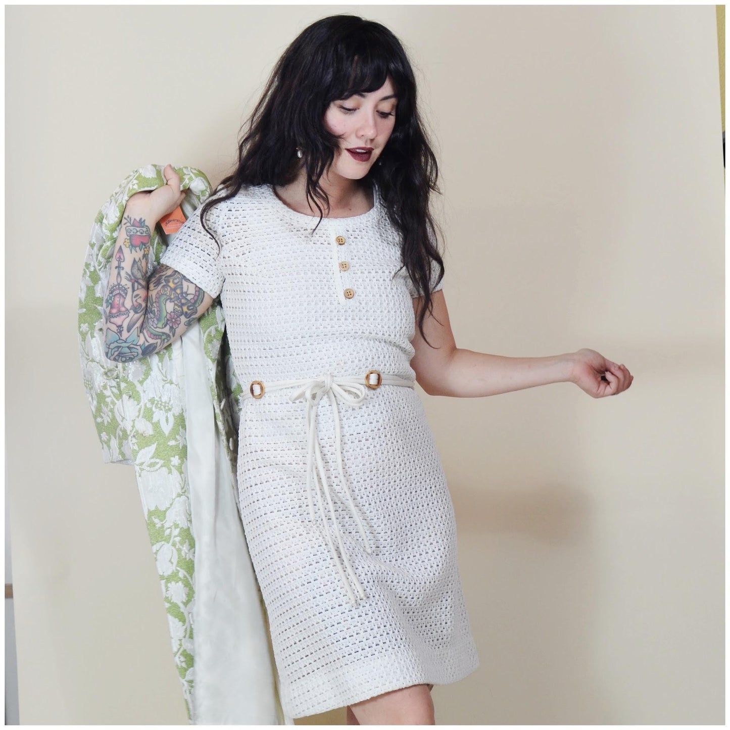 small 1960s Crochet White Shift Dress Vintage Open Weave Mini