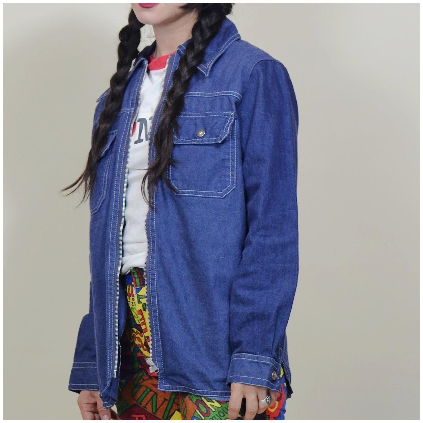 medium 1960s Blue Denim Chore Coat Jean Jacket Vtg 60s Jean Jacket Zipper Front