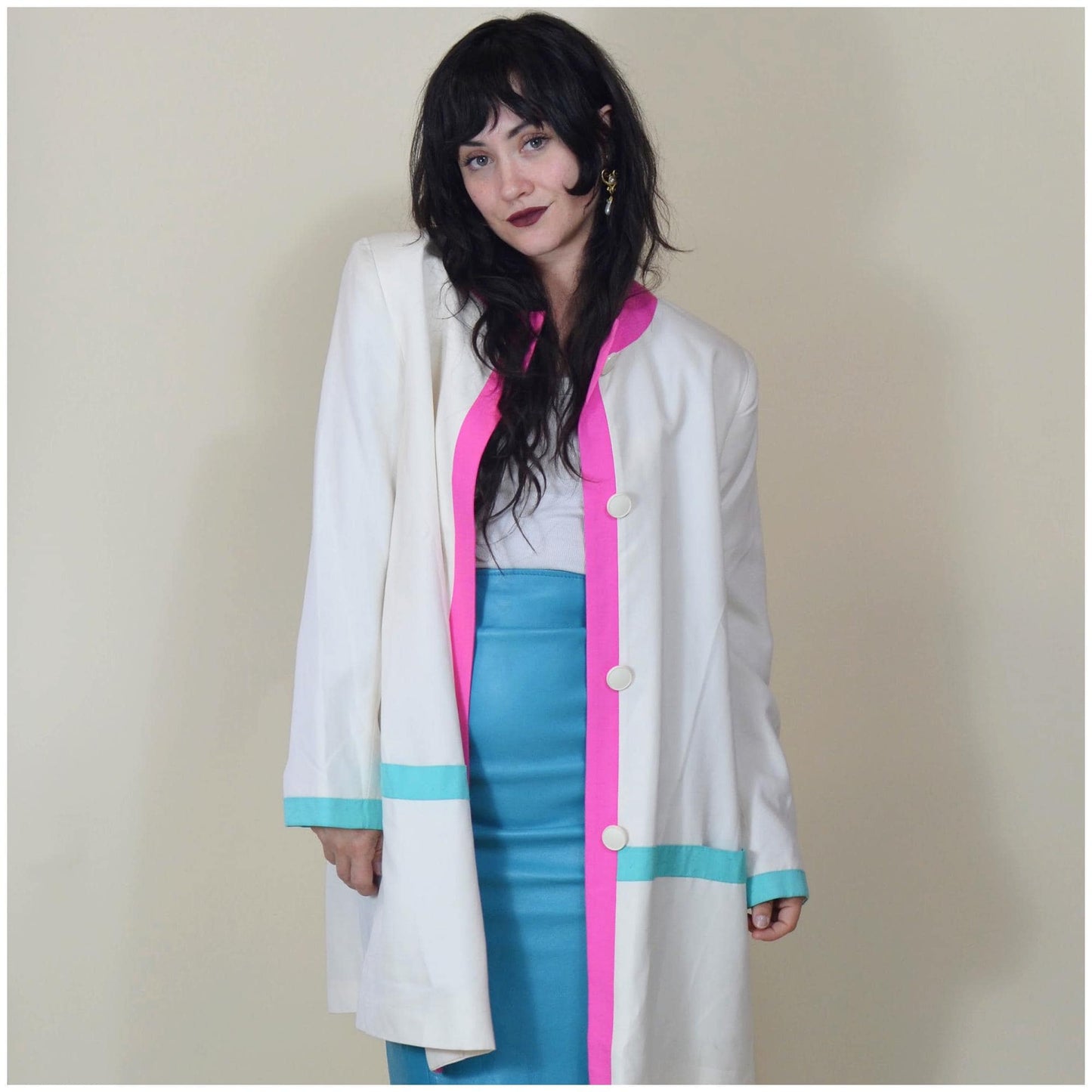 Large 1980s LILLI ANN Cotton Jacket Vintage 80s Colorblock Long Coat